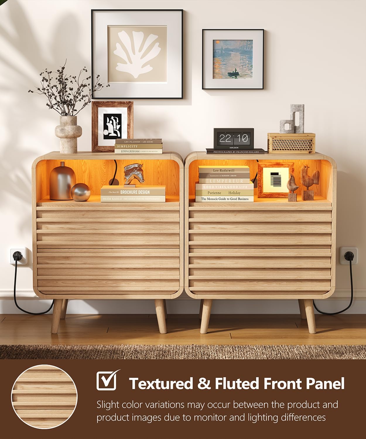 Fluted Nighstand with 2 Drawers & Charging Station, 22.4" Wide RGB Night Stand with Open Shelf, Modern Bedside Table with LED Lights, Wooden End Table for Bedroom, Curved Profile Design, Natural