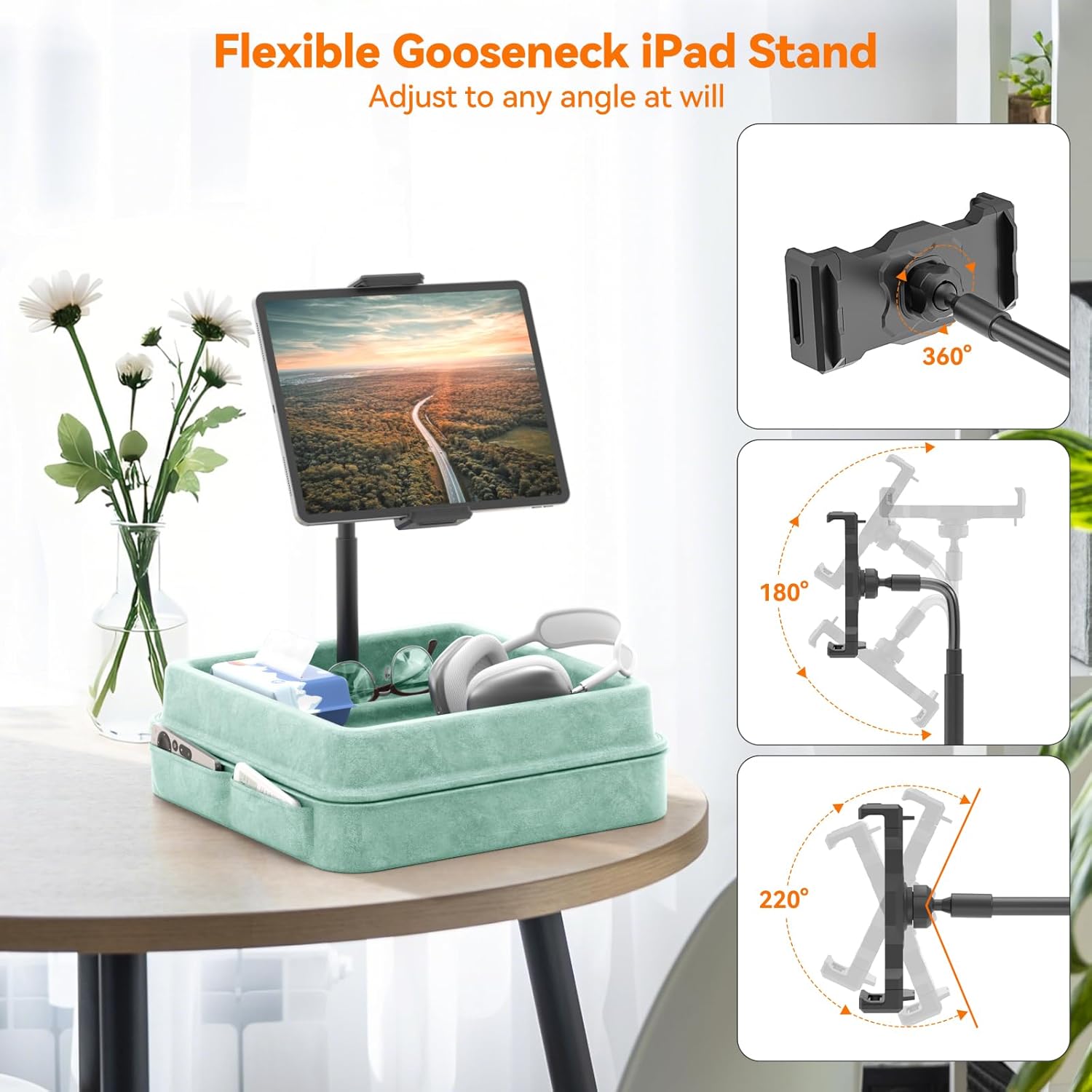 KDD Tablet Pillow Holder - 360°Adjustable iPad Pillow Stand for Lap, Bed and Desk - Gooseneck Tablet Soft Pad Dock with Storage Tray and Pocket Compatible with iPad Pro 12.9, Air Mini, Phone,(Green) image 4 of 8 B0F53T3MQK