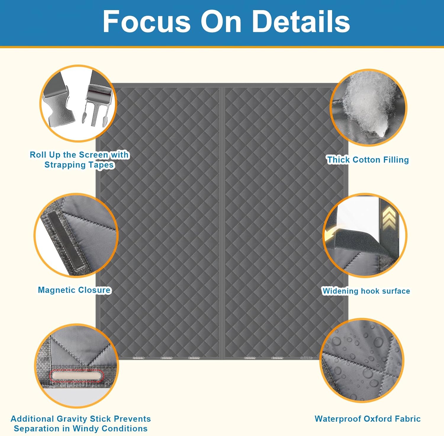 Magnetic Thermal Insulated Door Curtain for 72x80 Inch Door, 74x81 Inch Winter Cover with 5-Layer Oxford Cotton to Keep Cold Out Winter Screen Door,Grey Color