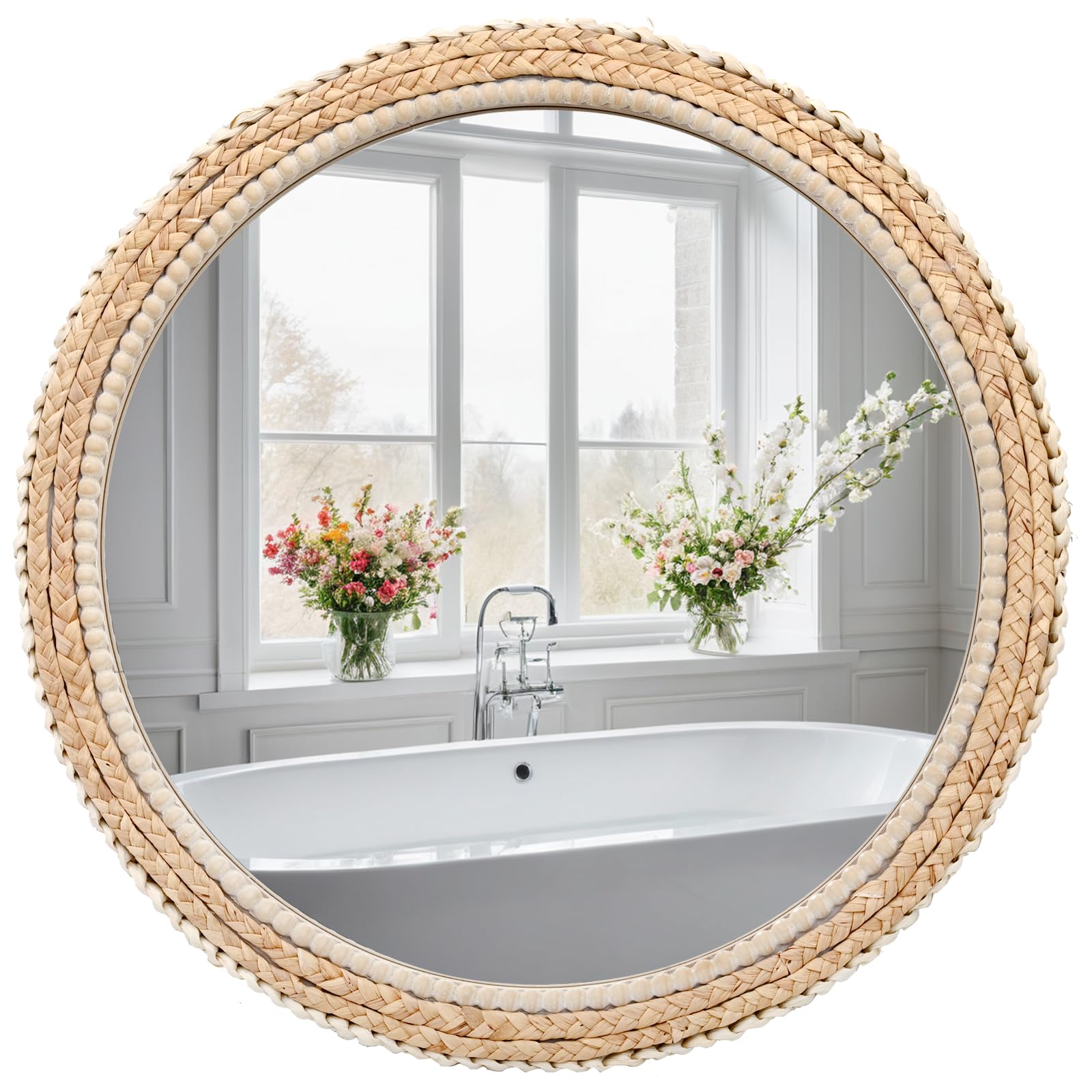 Photo 1 of FUIN 24" Rattan and Wood Round Mirror for Boho Bathroom, Entryway, Living Room Decor