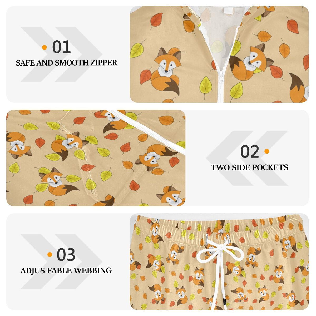 Conjunto deportivo de 2 piezas para mujer, diseño de hojas de zorro, manga larga, con diseño de dibujos animados de animales