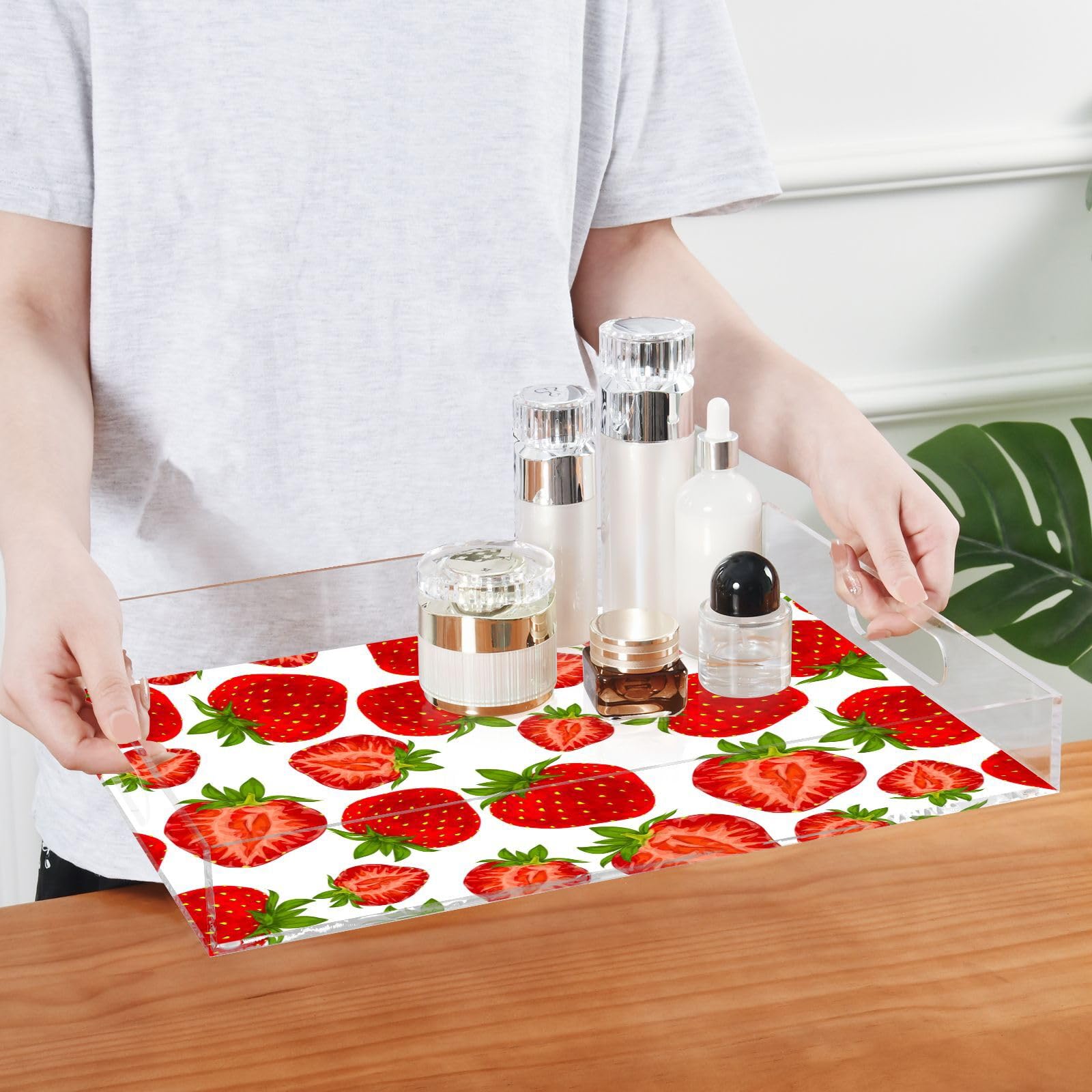 Bandeja transparente de acrílico para servir con asas, bandeja de desayuno de 12 x 16 pulgadas, bandeja de desayuno de acrílico orgánico para jardín, personalizado rojo fresa, bandejas transparentes