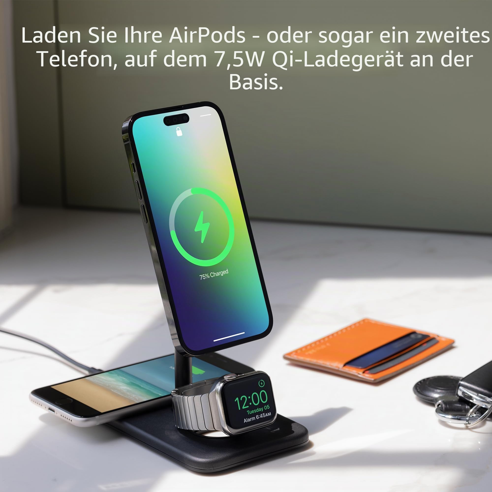 Twelve South HiRise 3 Deluxe | Compact Luxury MagSafe Stand for iPhone, AirPods and Apple Watch, Schwarz, TS-2303