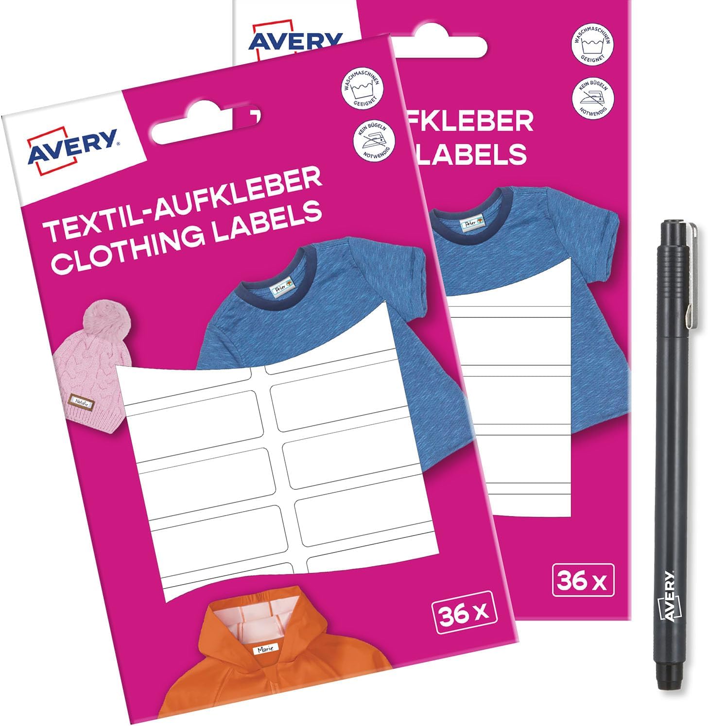 AVERY Zweckform ETVET36XPEN 72 Pieces Name Stickers Waterproof for Clothing (13 x 45 mm, Vinyl Film, Self-Adhesive Textile Labels, Writable Textile Adhesive for Washing Machine, Dryer), White