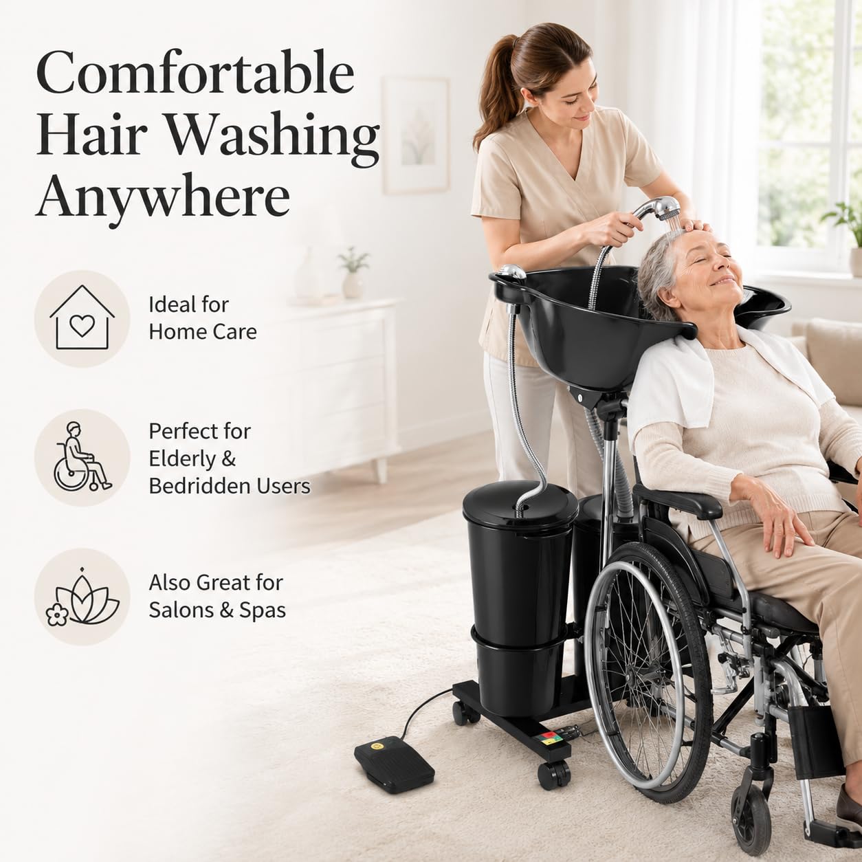 Vaschetta per shampoo portatile con doppio serbatoio da 10 l, lavabile per la casa elettrica regolabile in altezza e inclinazione, vassoio per acconciature mobile su ruote con doccetta per soggiorno