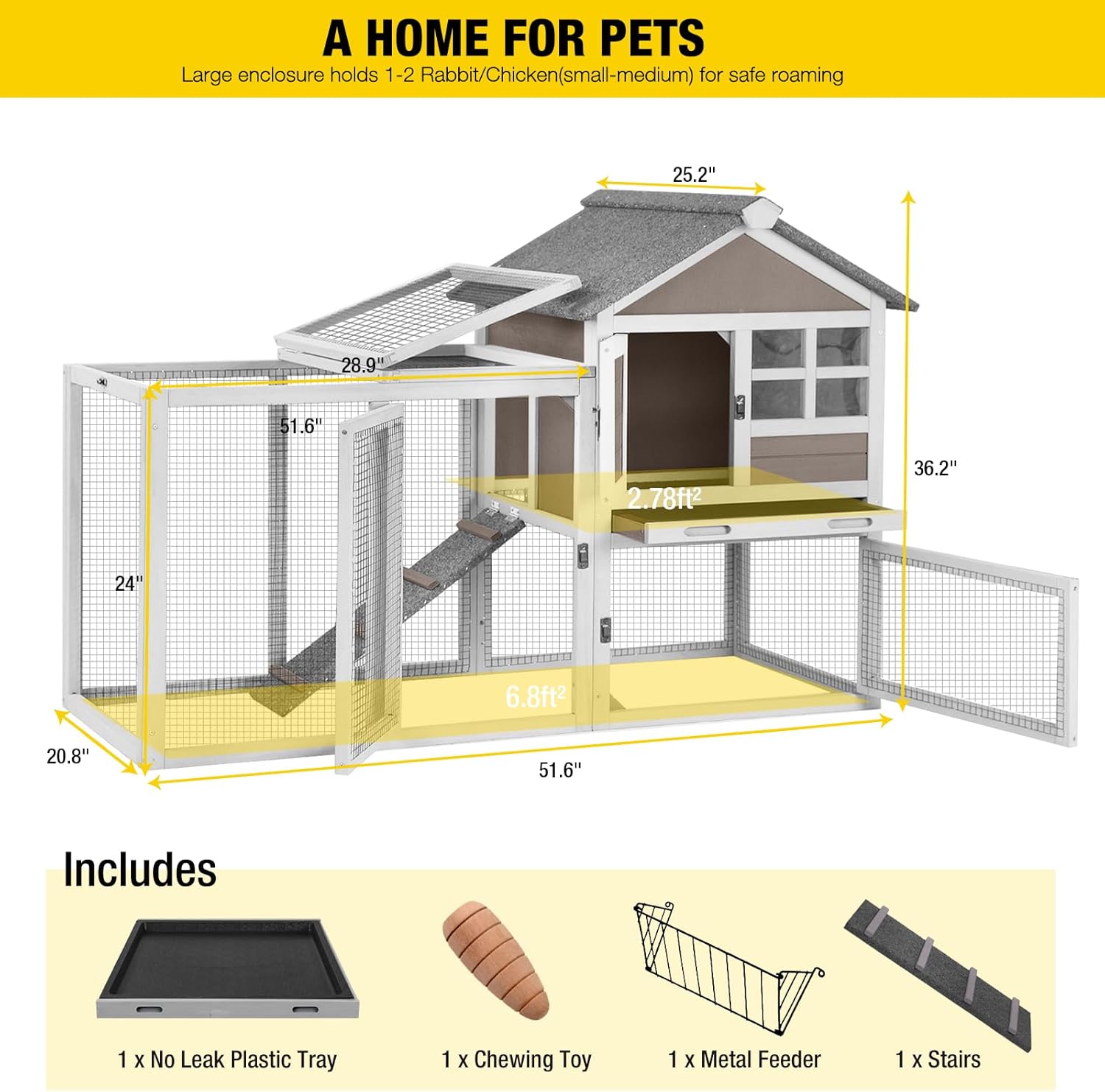 Aivituvin 51.6''L Rabbit Hutch Outdoor Chicken Coop Indoor Bunny Cage with Run,Guinea Pig House Pull Out Upper Tray 51.6" L x 25.2" W x 36.2" H (Brown)