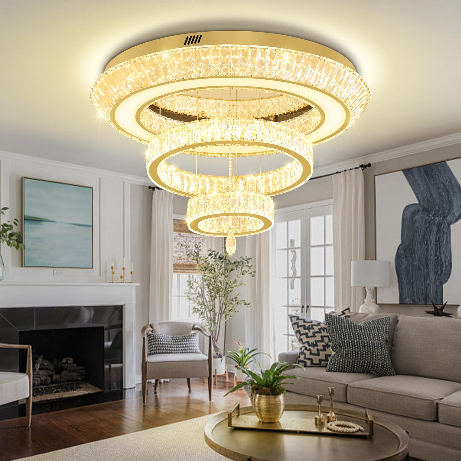 Led 40'' Gold Ring Crystal Chandelier,Modern Luxury Ceiling Lights Fixture for Dining Living Room 3-Tier Raindrop Chandeliers Lighting LED Dimmable 3000-6000K
