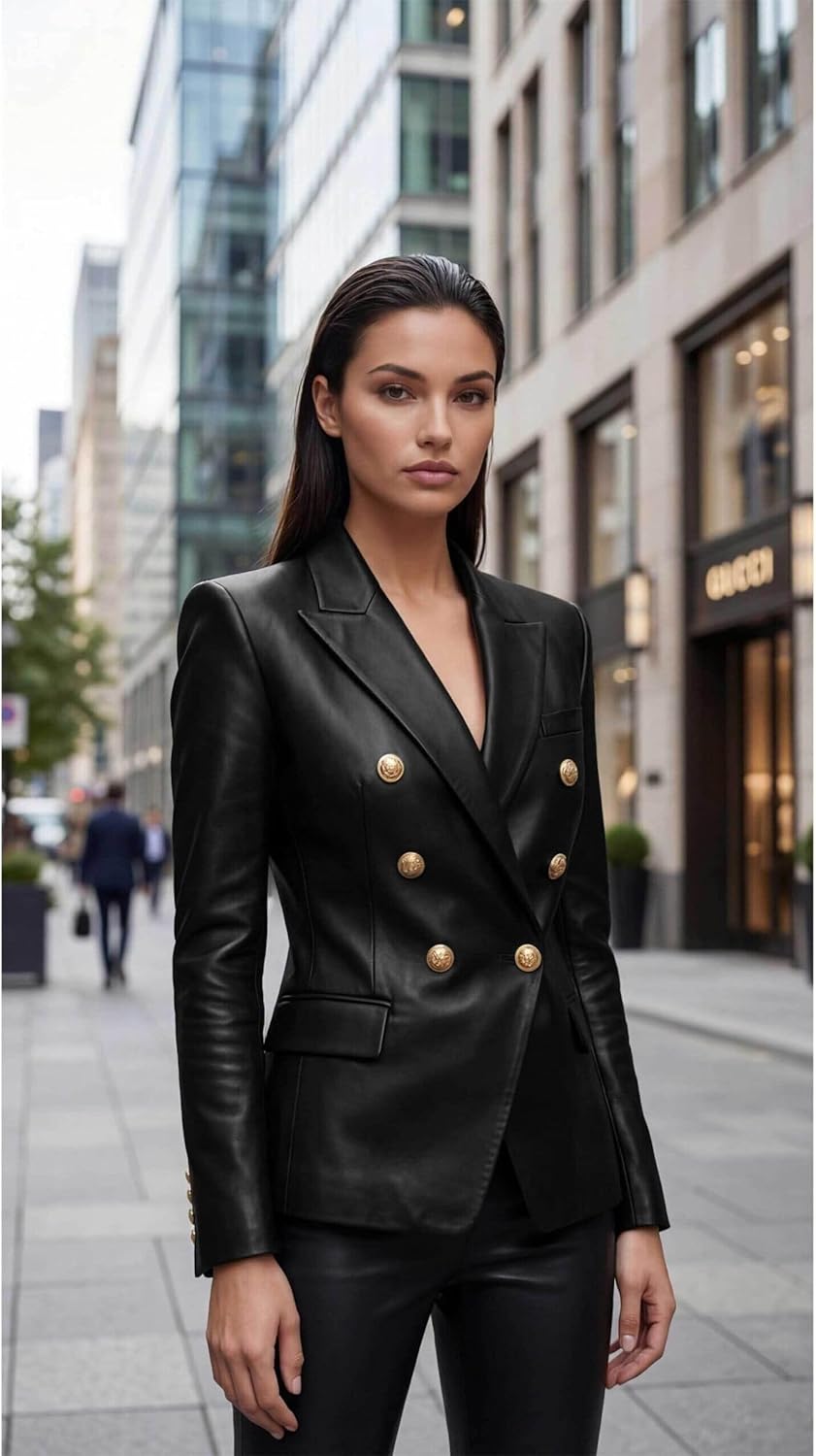 Women's Double-Breasted Lambskin Leather Blazer Jacket with Gold Buttons Coats for Women