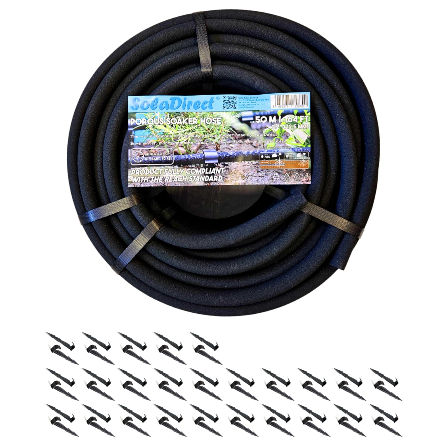 Soladirect Black Soaker Hose, Porous Pipe, 50 M / 164 Ft Long, Reach Compliant, Water Saving Up To 70%, Perfect For Lawns, Flowerbeds, Vegetable Gardens And Greenhouses + 50 Ground Pegs