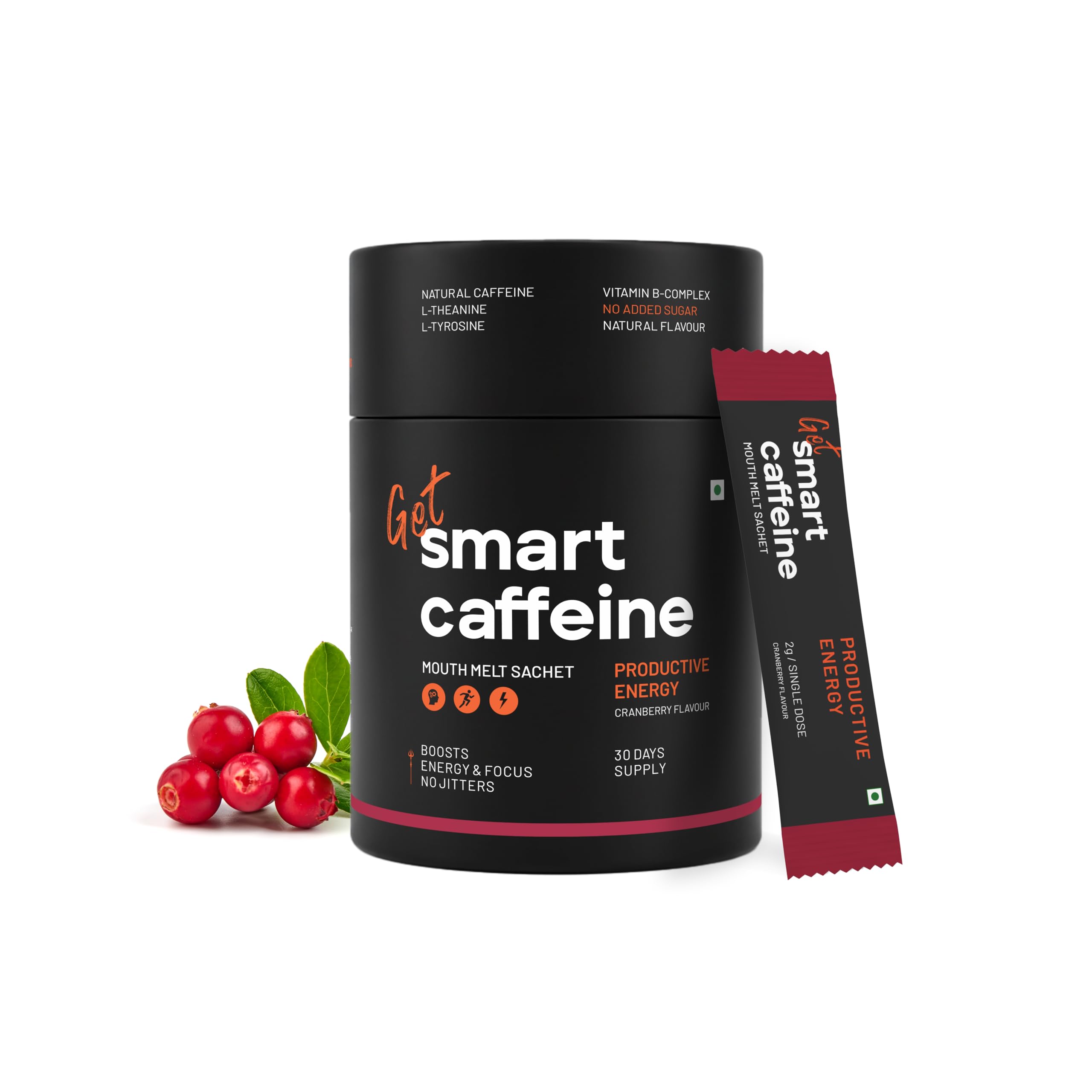 Get Smart Caffeine - Natural Energy & Focus Supplement, 80mg Natural Caffeine, L-Theanine, L-Tyrosine, B-Vitamins, Cranberry Flavor