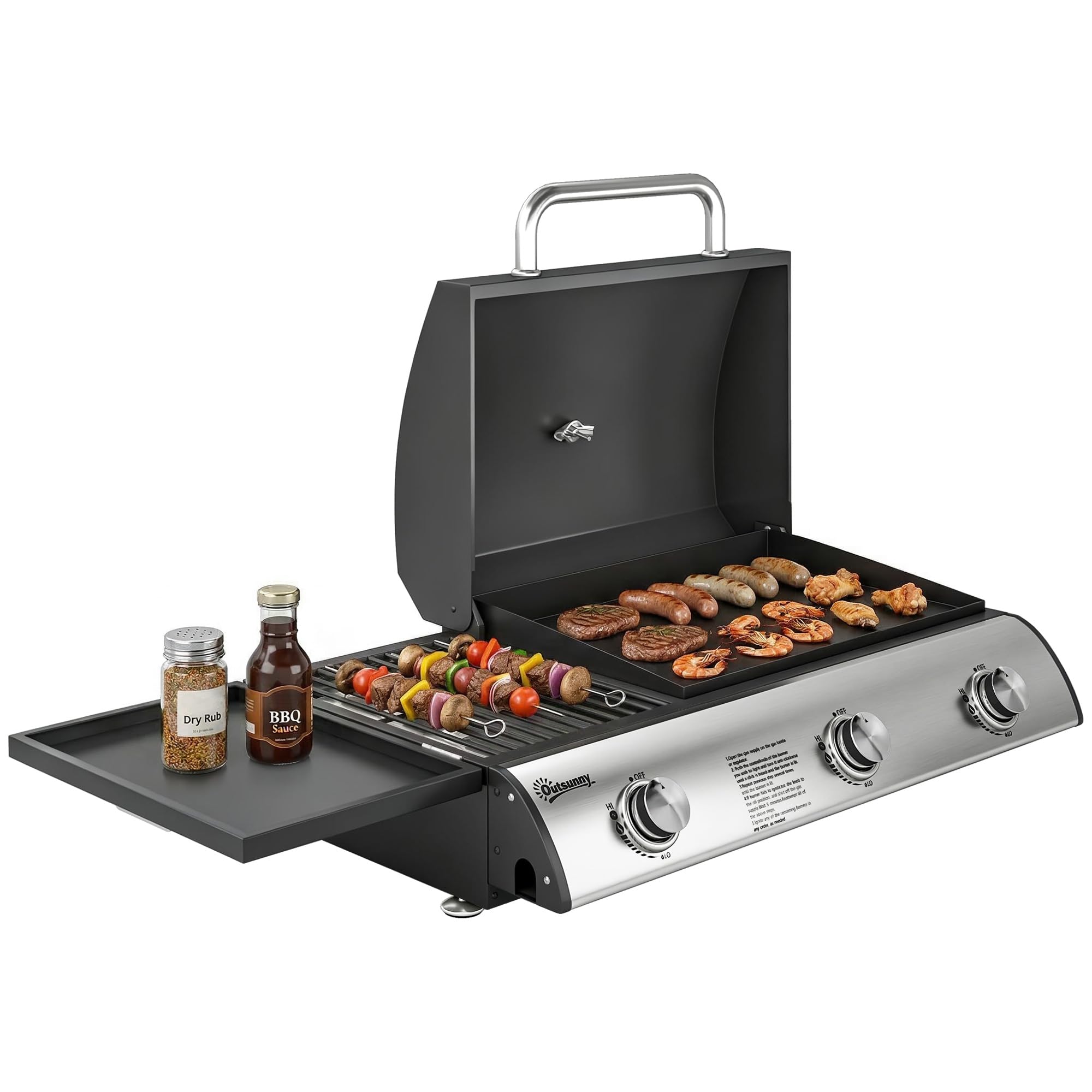 Outsunny Barbecue à Gaz de Table 3 Brûleurs - Combiné Gril et Plancha avec Couvercle et Thermomètre - 7,5 kW Portable pour Camping Balcon Terrasse - Surface de Cuisson 2224 cm², Noir
