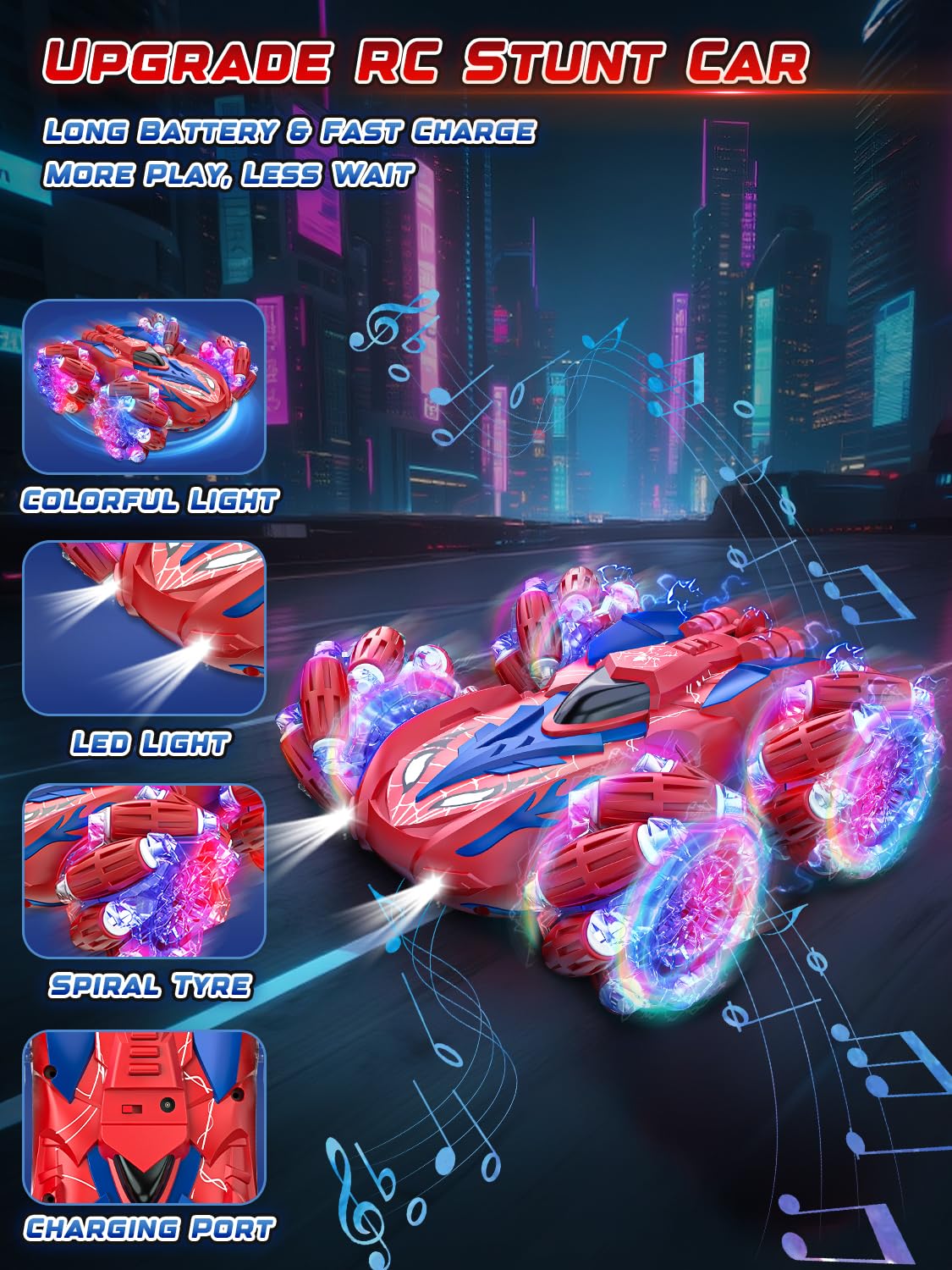 Spider Macchina Telecomandata per Bambini, 360° Ruotare e 2.4Ghz Monster Truck con Luce e Musica, 4WD RC Auto Acrobatica Giochi Bambini 3 4 5 6 7 8 9 Anni, Regalo Bambino Bambina per Compleanno Natale