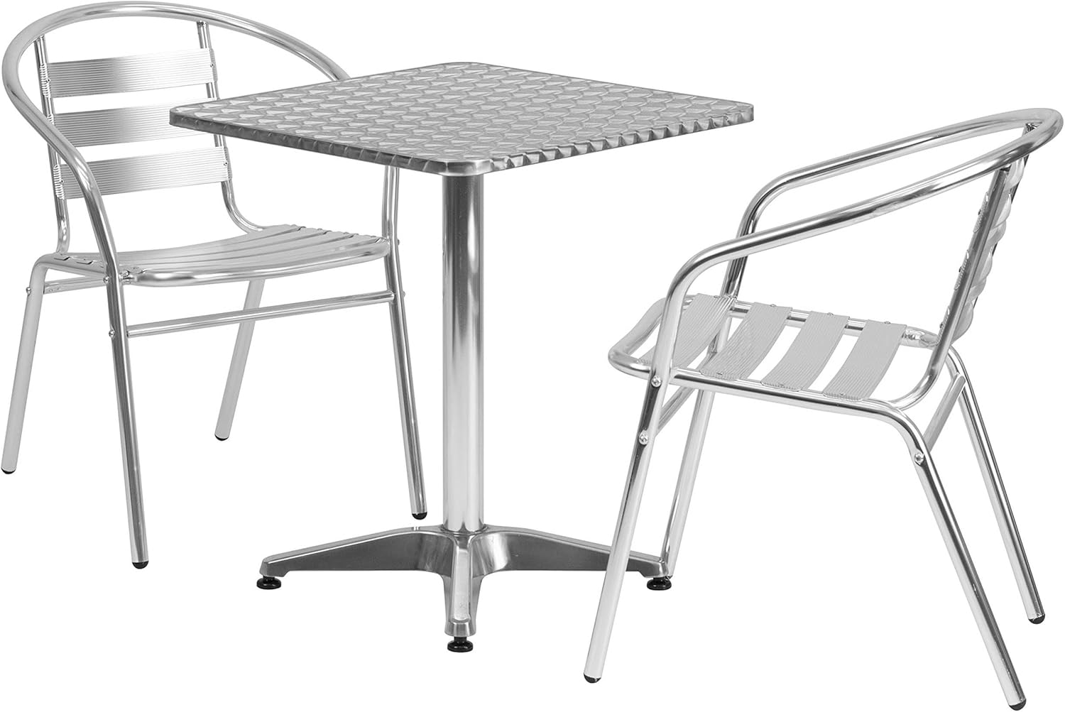 BOWERY HILL 3 Piece Patio Bistro Dining Set, Stainless Steel Table with Aluminum Silver Finish, Square Tabletop, Includes 2 Lightweight Chairs, Indoor or Outdoor Use, Commercial or Residential