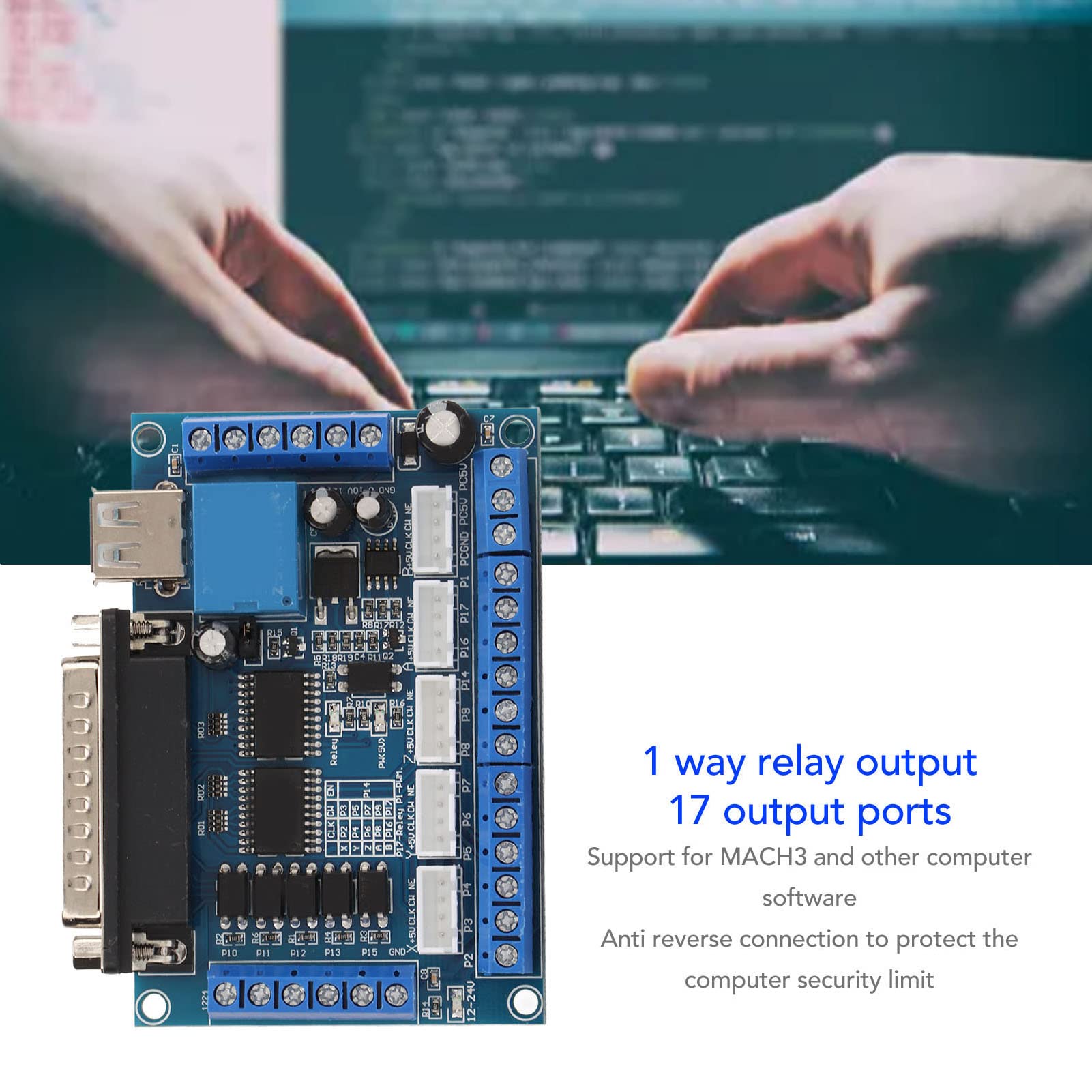 DC 12-24V CNC Breakout Board 5 Axes Mach3 Carte d'interface avec carte d'isolement optocoupleur, câble de port USB DB25 Câble pour pilote de moteur pas à pas MACH3(Bleu)