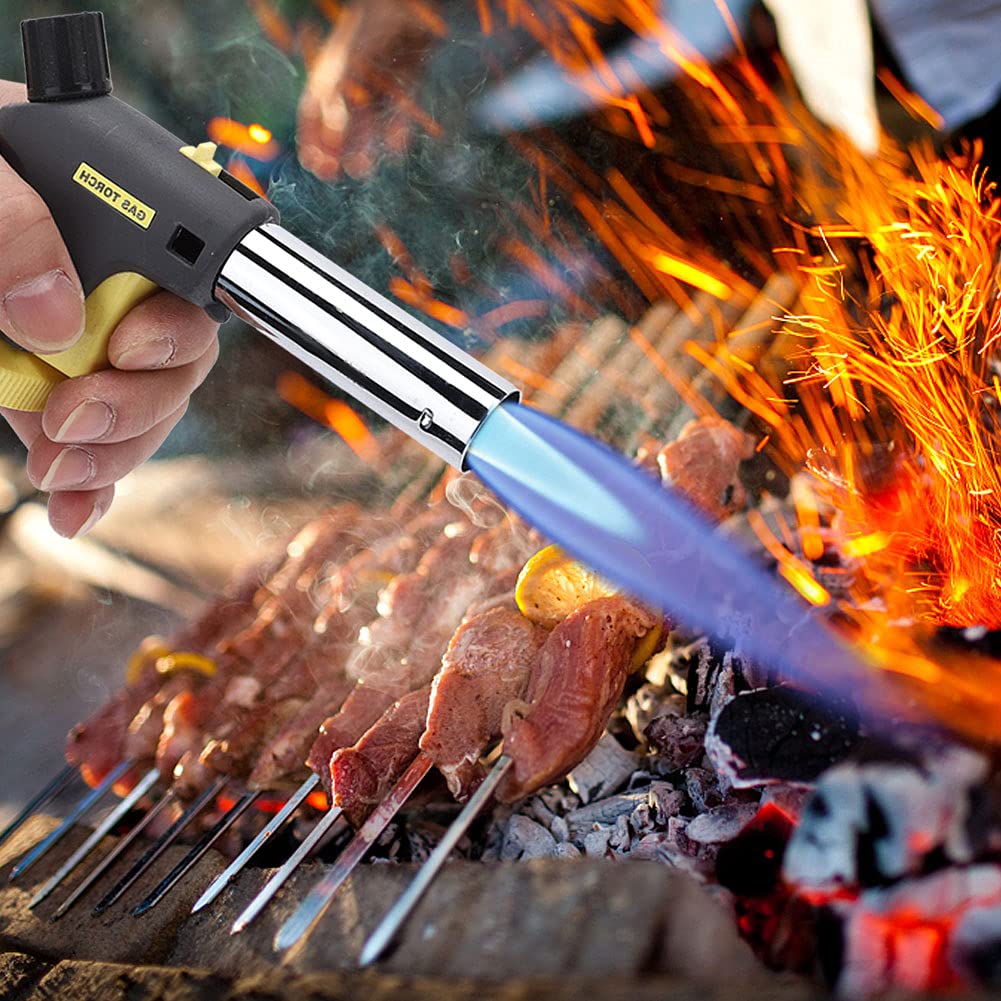 Température de flamme réglable jusqu'à 1300 degrés Celsius - Chalumeau à gaz portable avec allumage électronique - Fonctionnement à 360 degrés pour la cuisine et l'entretien en