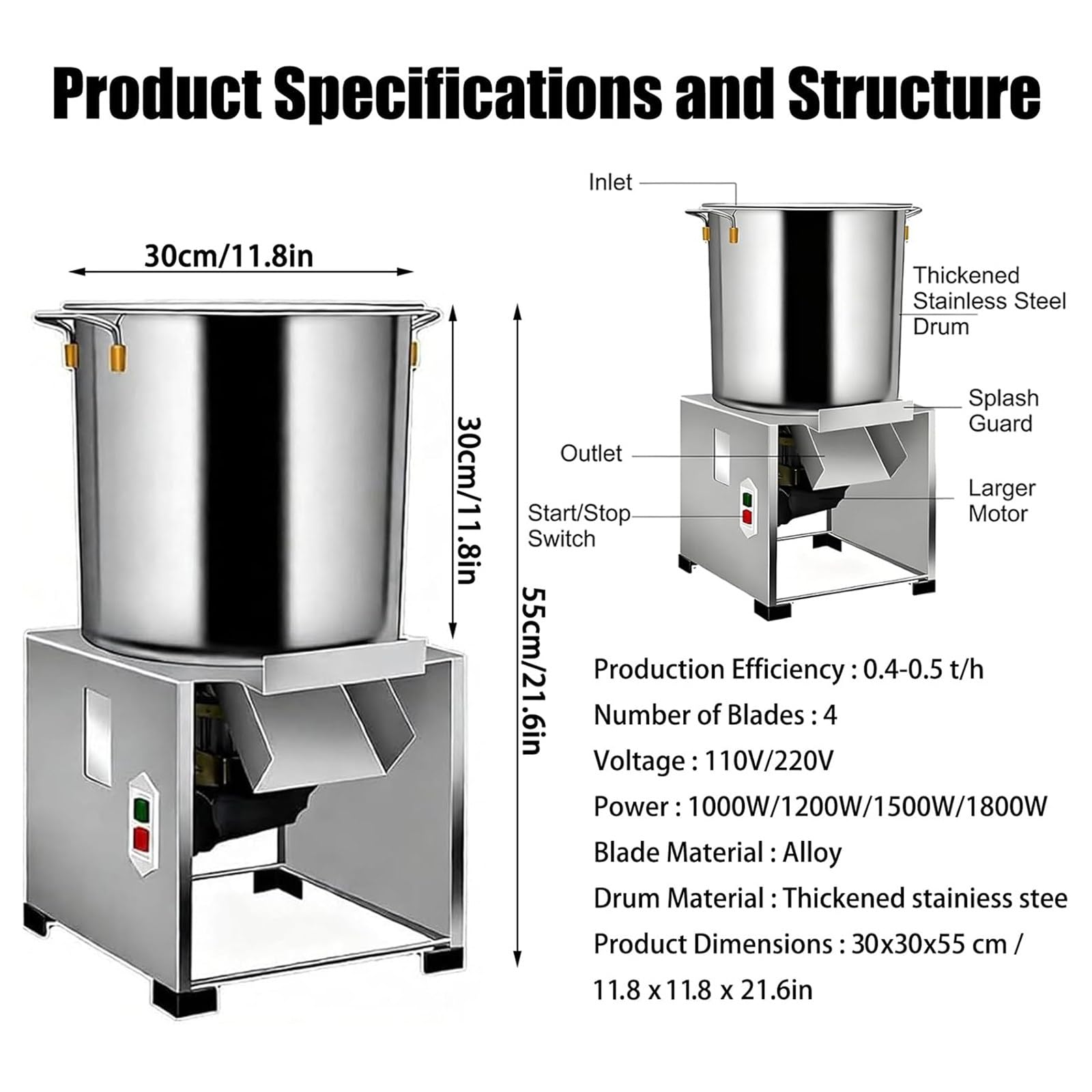 Picadora Verduras Comercial, Trituradora Cría Eléctrica, Picadora Eléctrica Verduras En Cubos, Gran Entrada Alimentos Diámetro, 3500 RPM, Para Alimento Animales Verduras Granos Cacahuete 220V-1800W