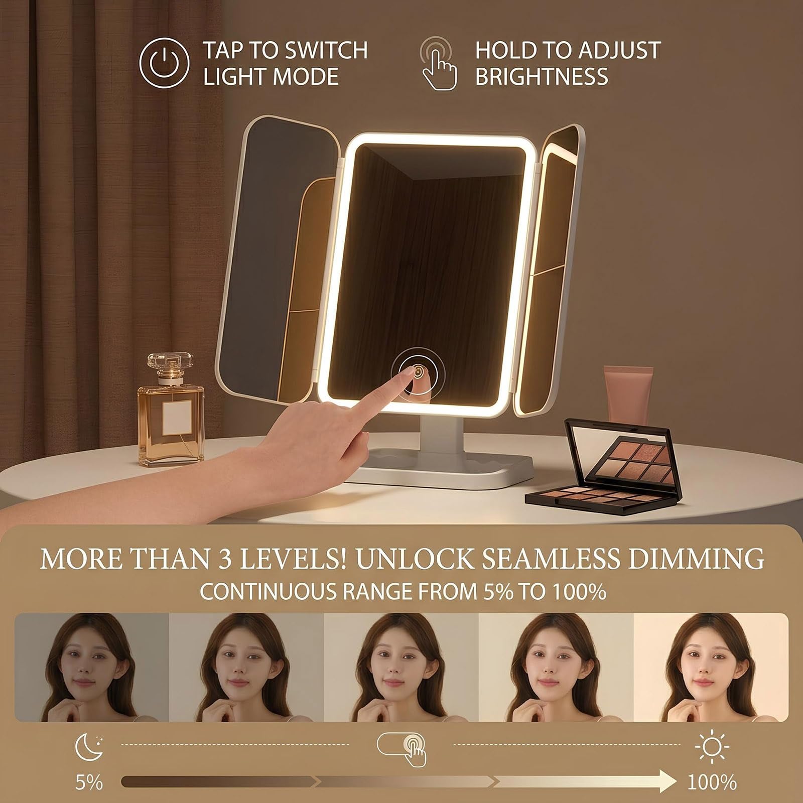 Espejo de Maquillaje LED Plegable, Espejo Cosmético Recargable con Aumento 1X/2X/3X, 3 Modos de Iluminación, Brillo Regulable, Control Táctil(Blush)