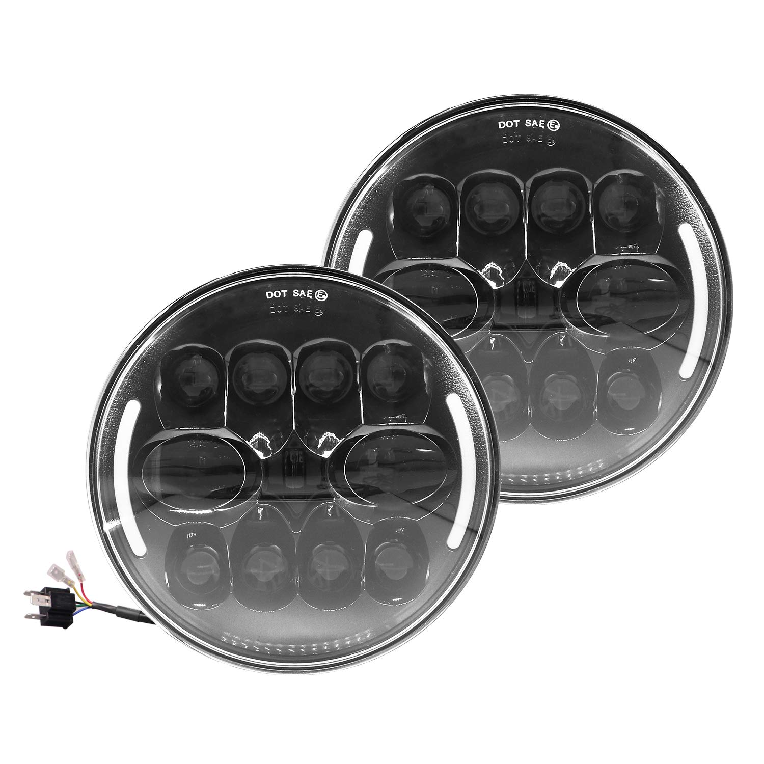 OG-22-2 7 Inch Round White LED Headlight with Hi/Low Beam Amber & White Angel Eye Lamp Compatible with Bullet Harley Davidson Jeep Wrangler (75W 2 Pc)