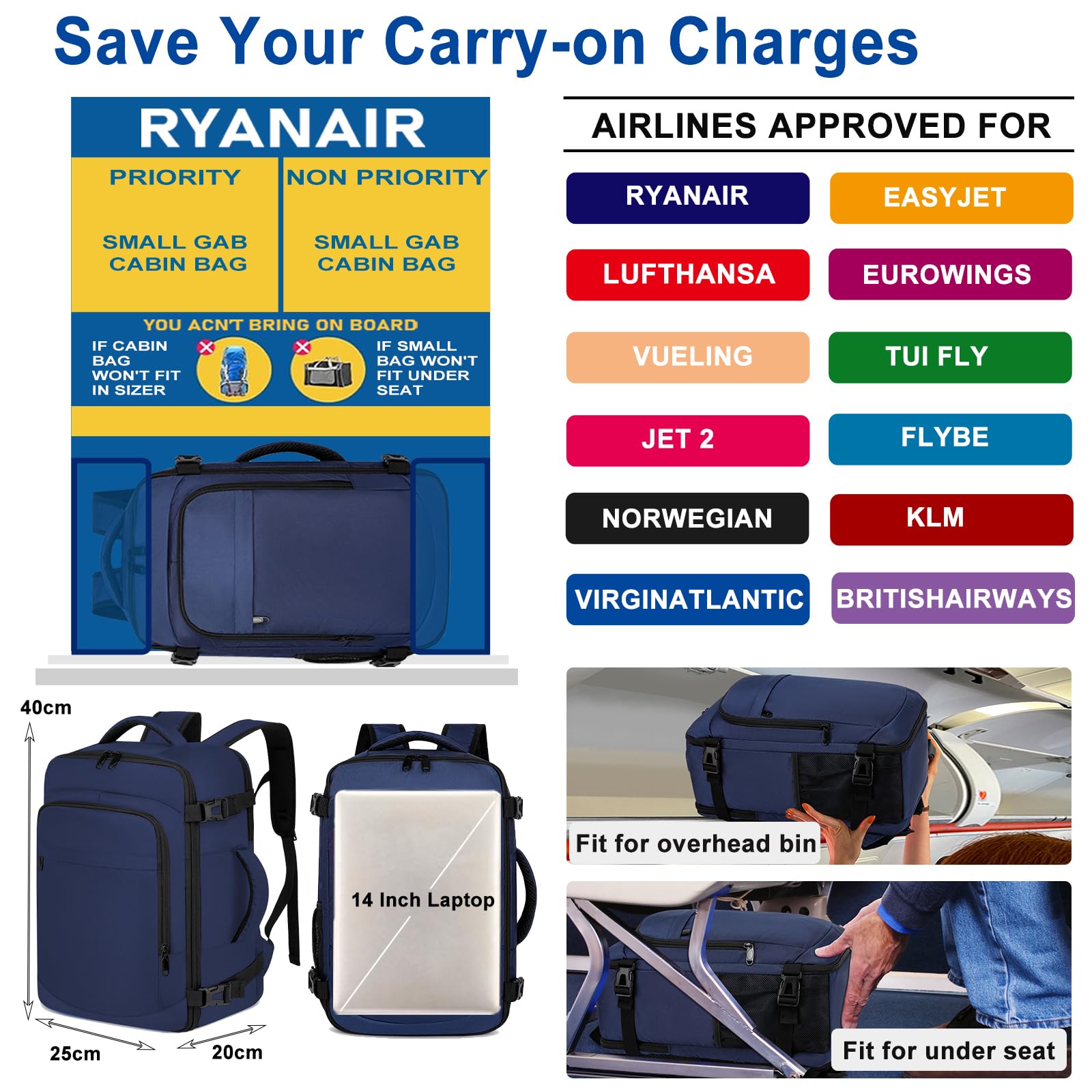 Bagaglio a Mano 40x20x25 per Ryanair Zaino per Wizzair 40x30x20 Zaino da Viaggio Aereo 20L Piccolo Borsa da Cabina per Voli Zaino Donna Uomo 14 Pollici Zaino Porta PC per Scuola Trekking Lavoro,Blu