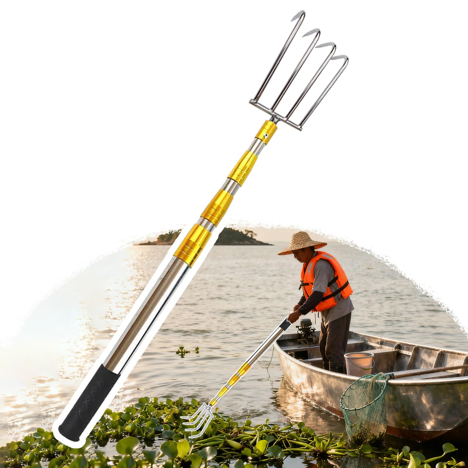 Mezzo Marinaio per Barca Rastrello per Alghe a 2/3/4 Artigli, Retrattile Lungo 60-600 cm Accessori Barca, Pali da Barca Estensibili a 3 Stadi, per Spingere e Tirare(4-Claw,118-400cm/47" - 158")