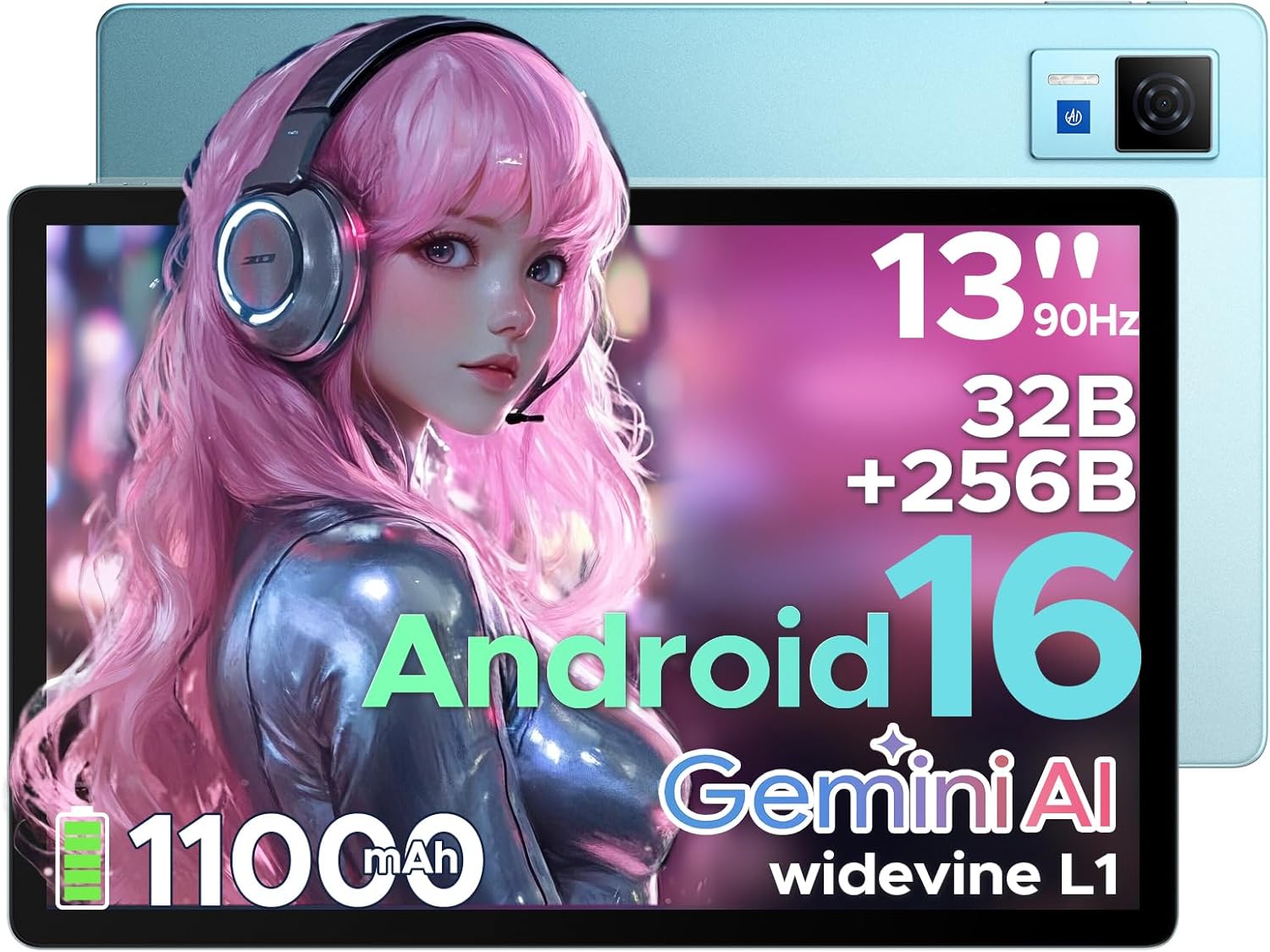 U13 Android 16 Tablet with Gemini AI,13 inch Tablet,11000mAh Battery,32GB+256GB,2.2Ghz Octa-Core Processor,90Hz Display Gaming Tablets,13MP+8MP,7.9mm Ultra-Thin Body,Face Unlock