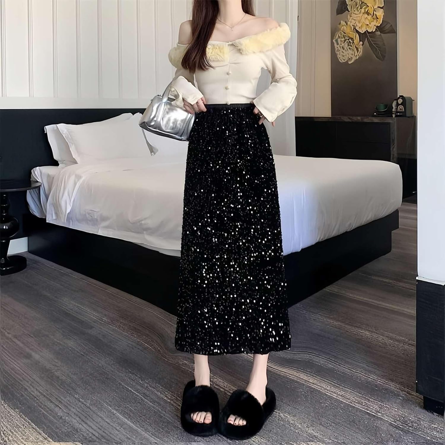 Women's Sequin Skirt - Elegant Elastic High Waist Glitter Pencil Maxi Skirts Shimmer Cocktail Party Sparkly Skirt - Image 2