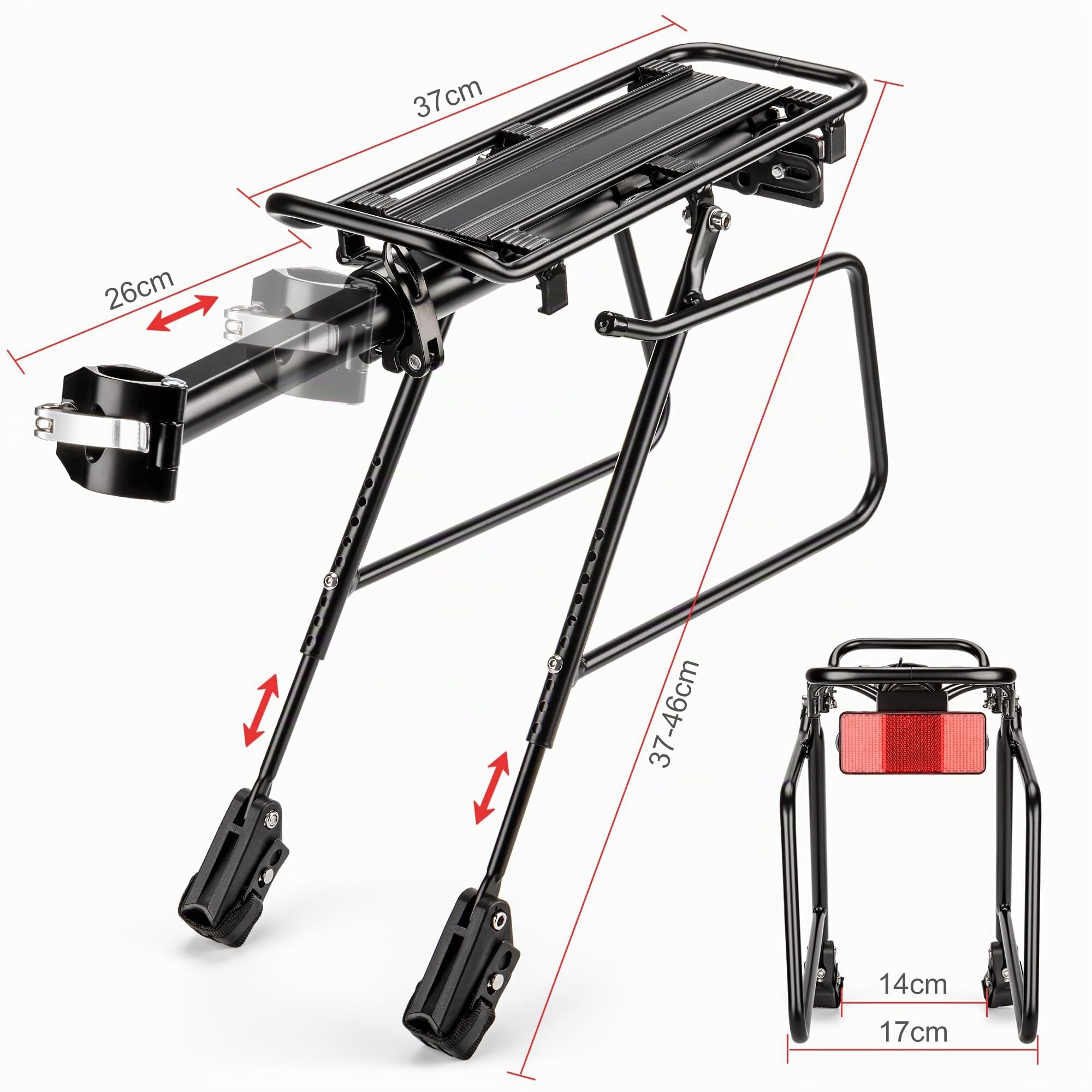 Portapacchi per bicicletta posteriore, regolabile, universale, in lega di alluminio con riflettore, per MTB, mountain bike, bici da corsa da 24 – 29 pollici