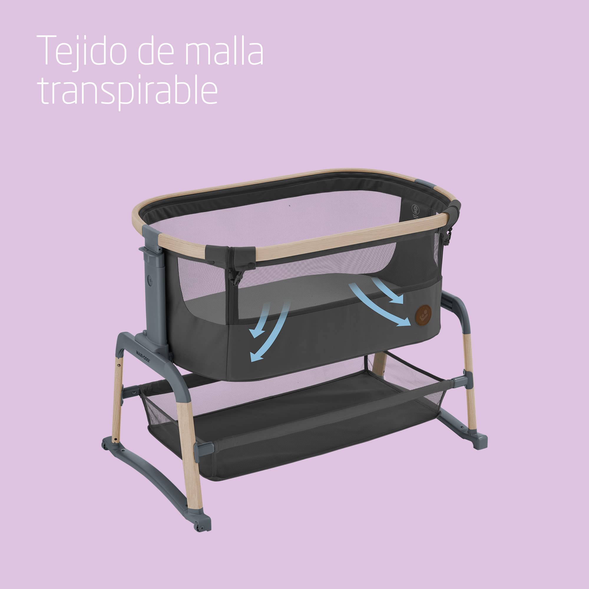 Maxi-Cosi Iora Air Cuna Colecho Bebe, Malla Integral, 0 - 6 meses (9 kg), Modo Mecedora, 4 Posiciones de Inclinación y 5 de Altura, Fácil Deslizamiento, Fácil Transporte, 2 Ruedas, Beyond Graphite