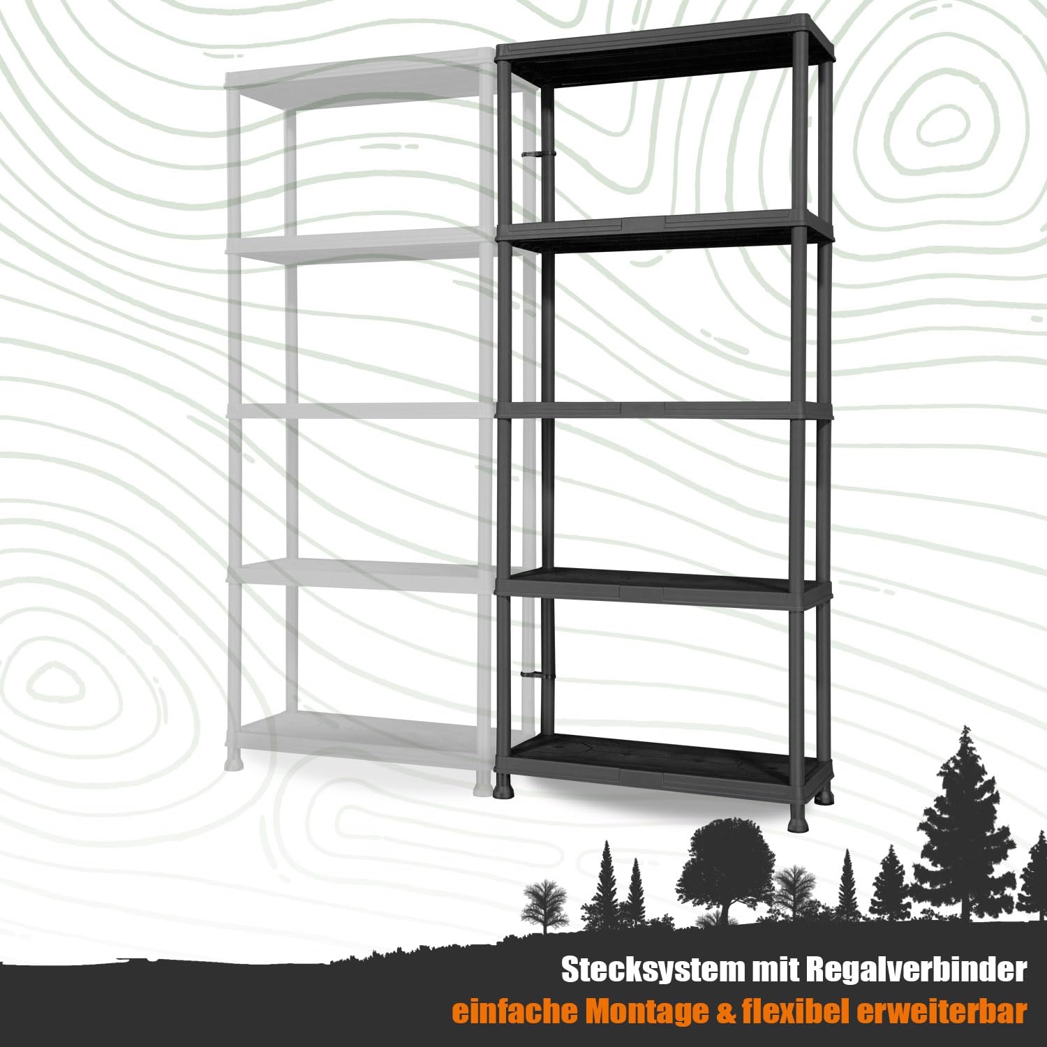 2er-Set Steckregal Kunststoff Keller Regal für Abstellraum & Vorratsregal Küche 176cm Hoch Kunststoffregal zum Stecken 5 Böden Kellerregal Schmal in Schwarz (2, 5 Böden)