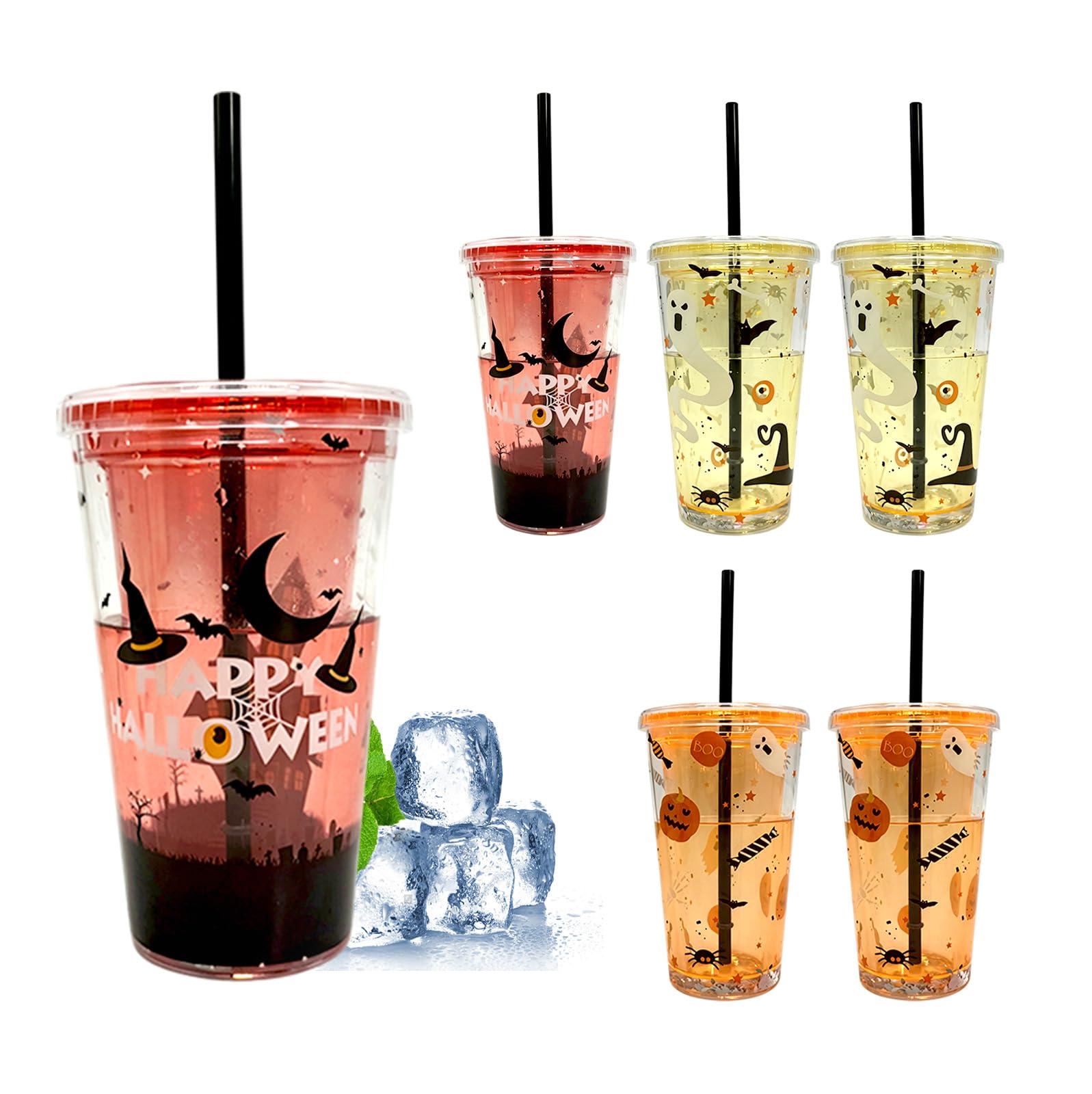 6 Pcs Halloween Party Cups 16oz/450ml Double-Wall Plastic Cups with Glitter
