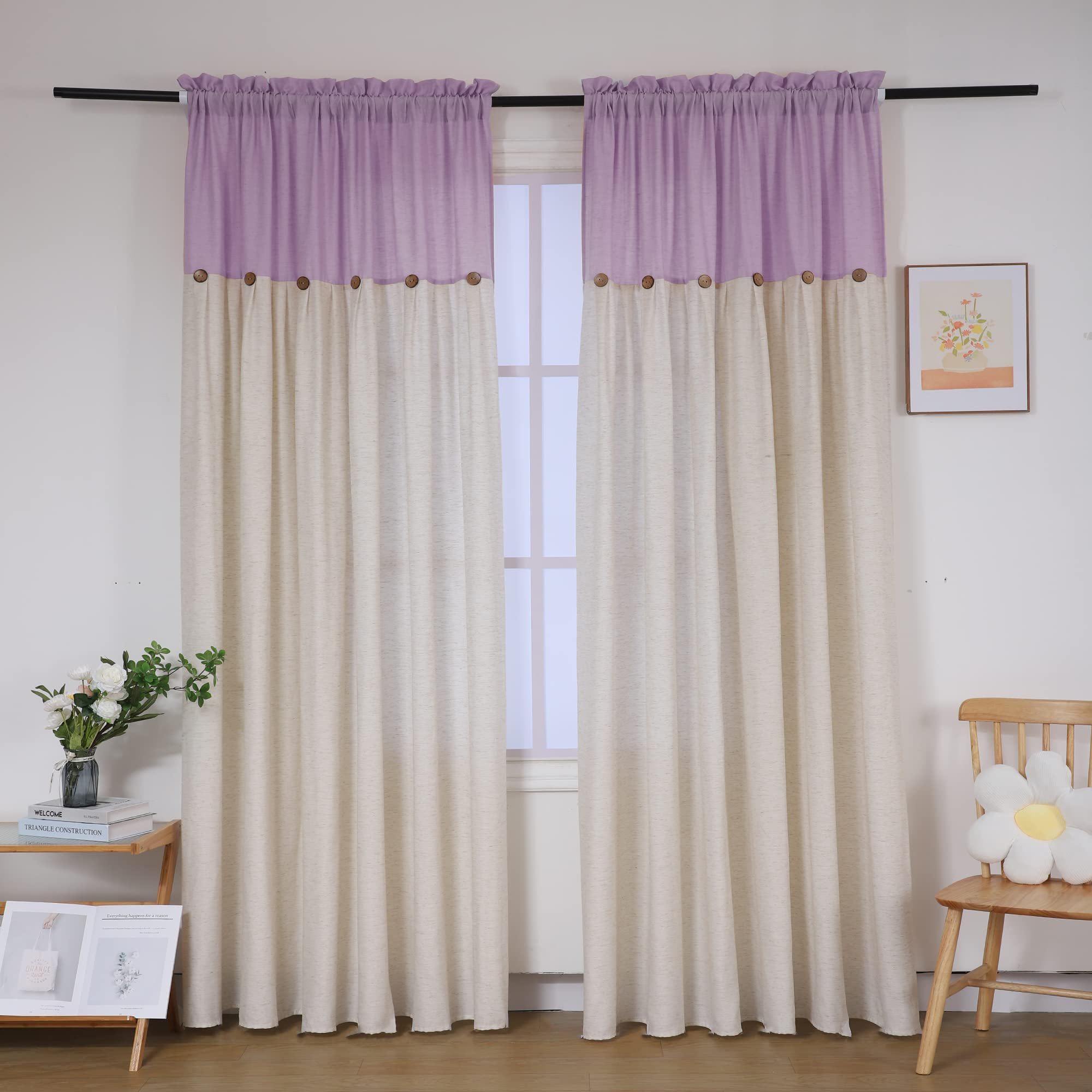 Farmhouse Button Curtains 84 Inches Long for Bedroom Linen Button Window Curtain Panel Light Purple Color Block Classic Rustic Button Decor Rod Pocket, Set of 2 Panels, 84" L x 54" W