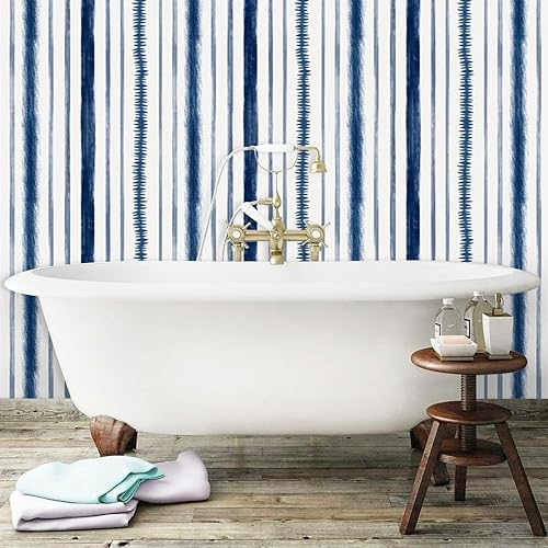 Miniatura 3 de Timeet Papel tapiz azul y blanco para despegar y pegar, 17.3 x 393.7 pulgadas, papel de contacto con rayas geométricas, autoadhesivo, extraíble,