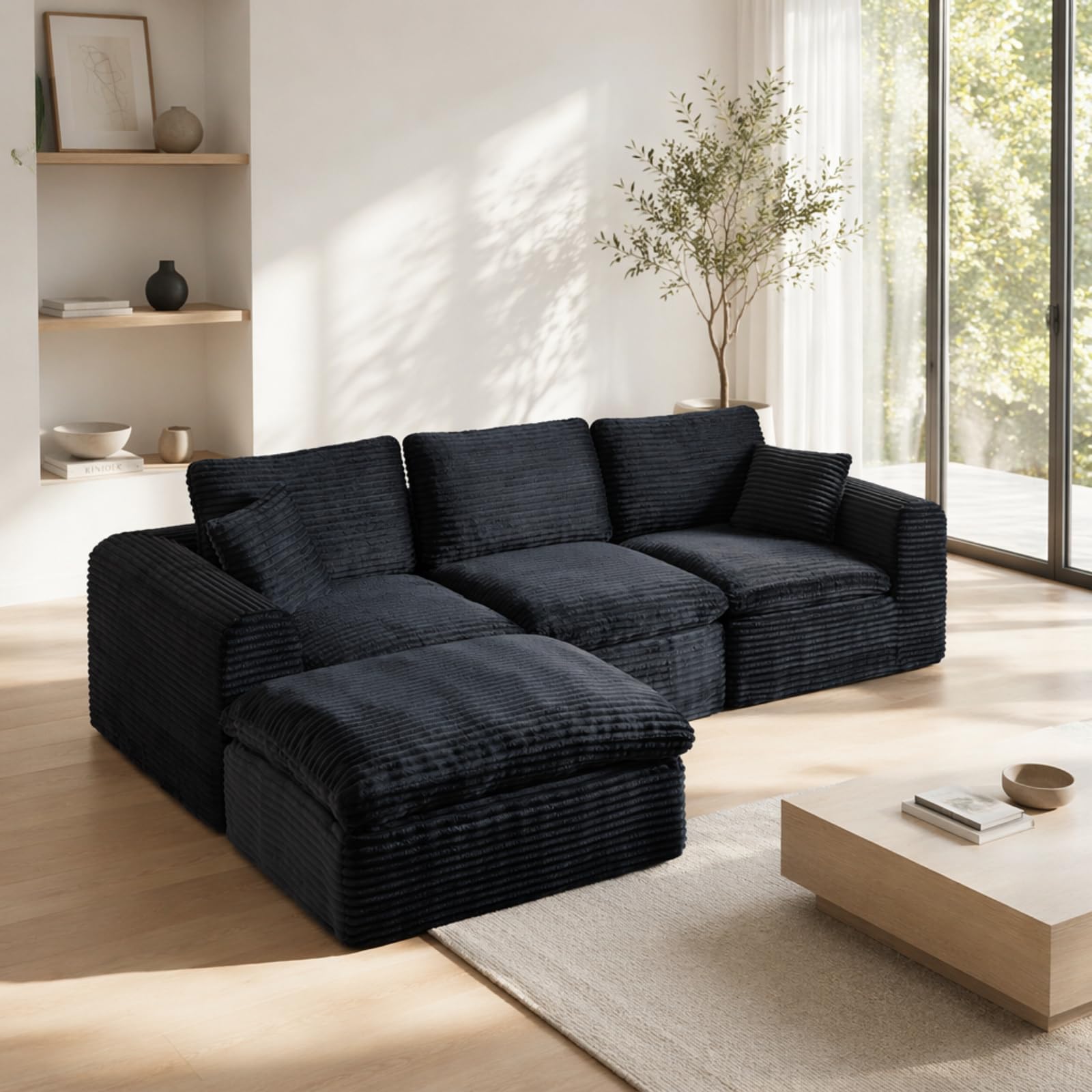 Sofá Modular Salón en Forma de L 3 Plazas Negro Pana Moderno