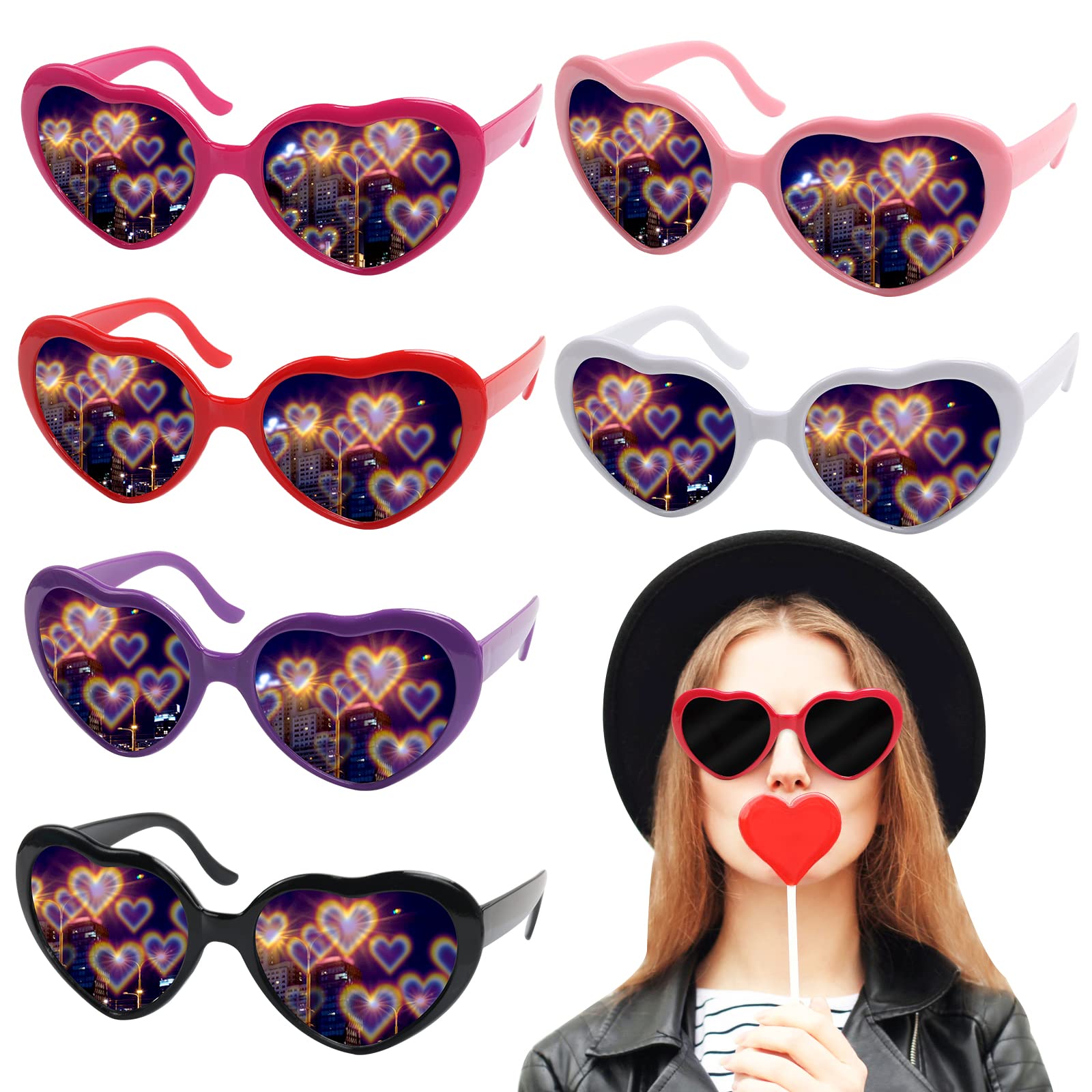Awmgirl6PCS Heart Effect Diffraction Glasses, 3d Light Heart Shaped Special Effects Sunglasses Love Eyeglasses for Bar Night Club Fireworks Music Party