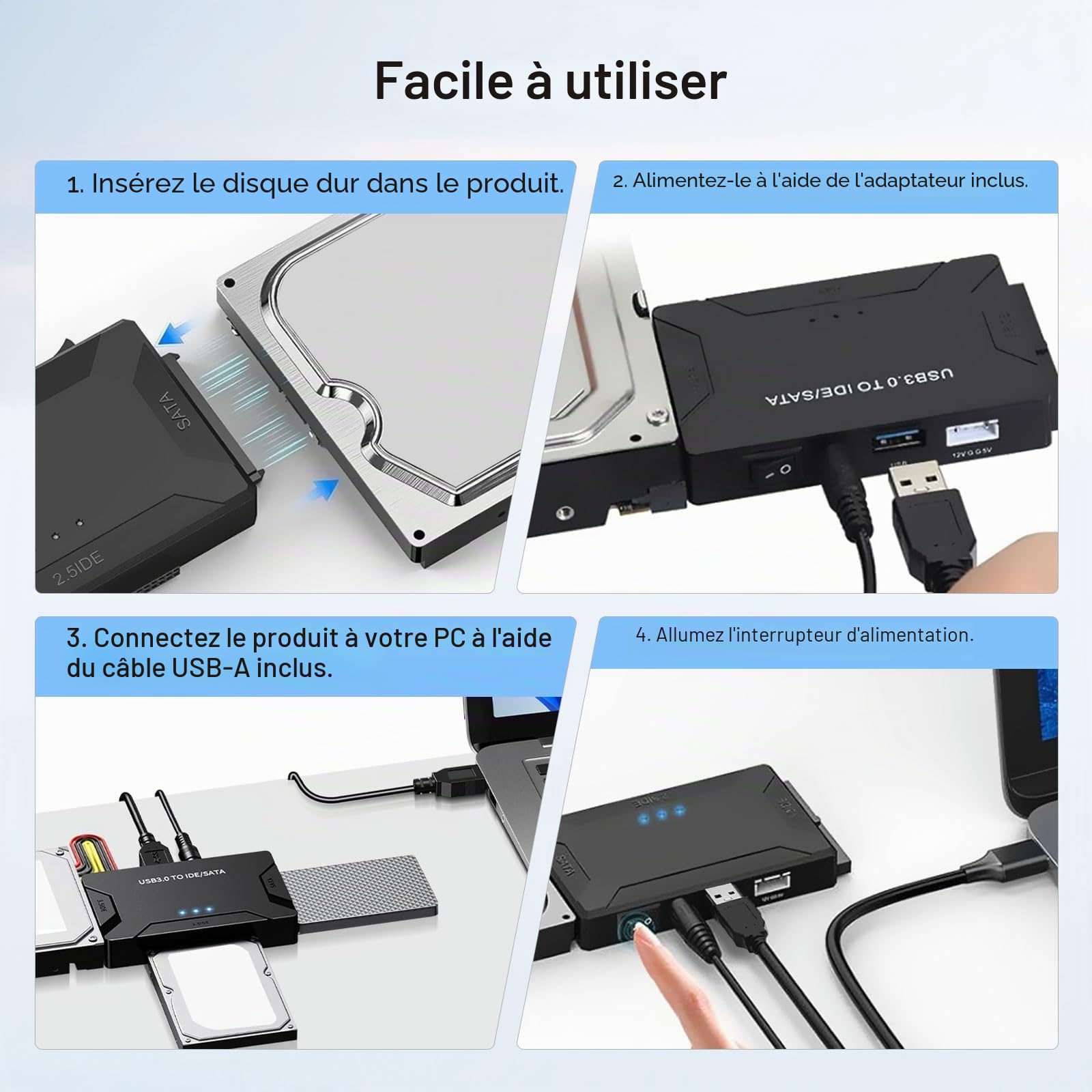 5Gbps Adaptateur Disque Dur USB 3.0 pour 2.5"/ 3.5" HDD/SSD, Convertisseur SATA et IDE Adaptateur de Disque Dur IDE/SATA pour Windows 11/10/8/7/XP/Vista avec Câble USB/Alimentation 12 V 2 A