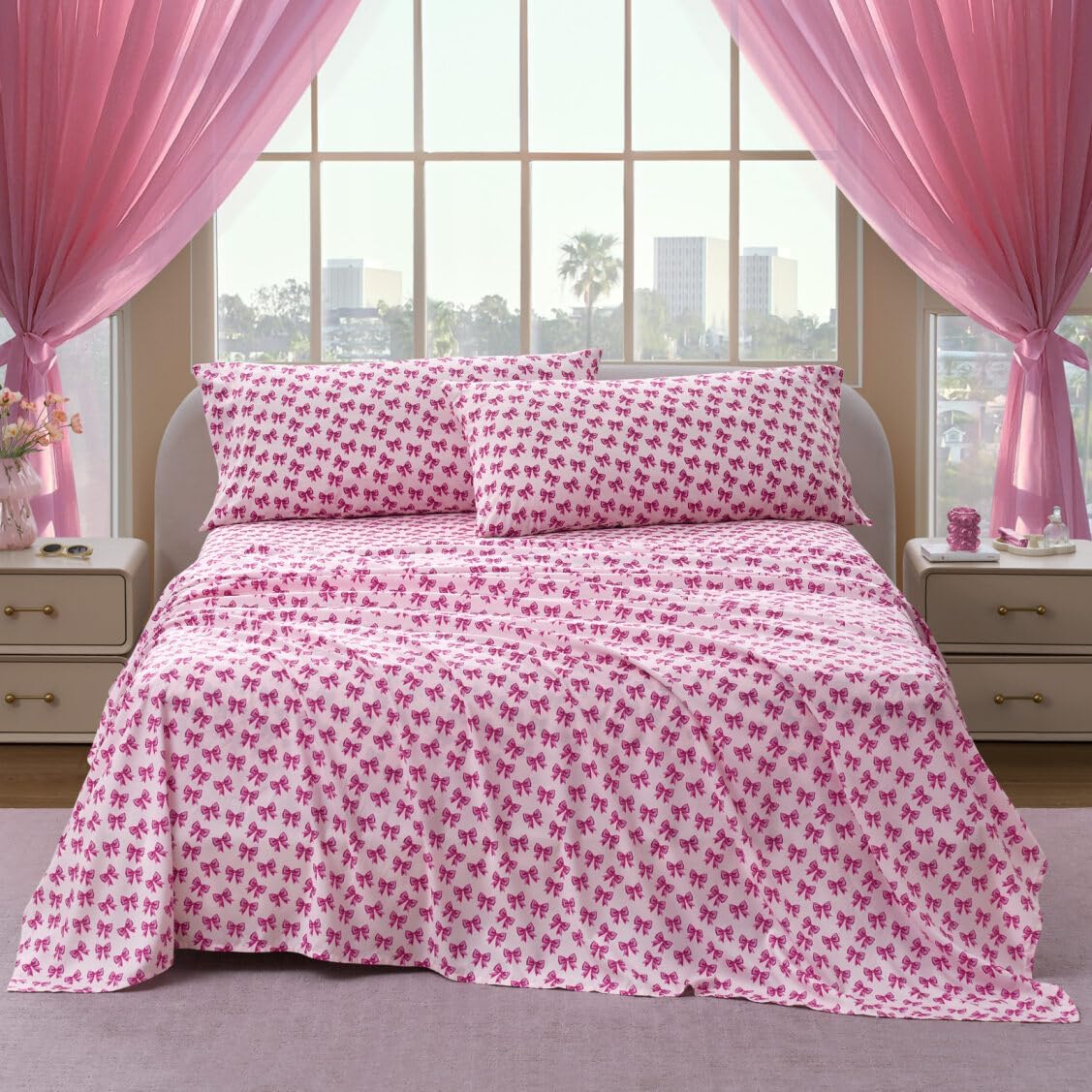 Paris Hilton King Size Sheets Set – 4 Piece Bed Sheets with Fitted Sheet, Flat Sheet, 2 Pillow Shams, Fits up to 16" Mattress Deep Pocket King Sheet Set for Women, Bows, Pink