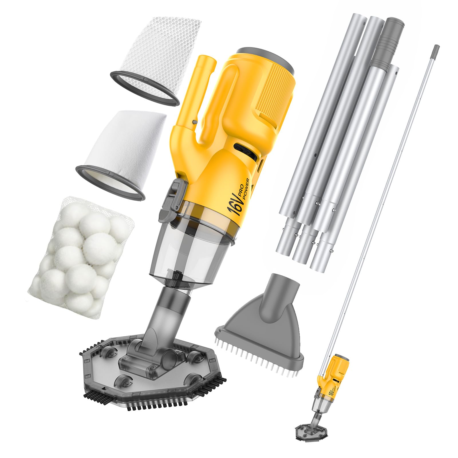 Aspirateur de Piscine sans Fil à Main 16V, Filtration 3D à 3 Étages
