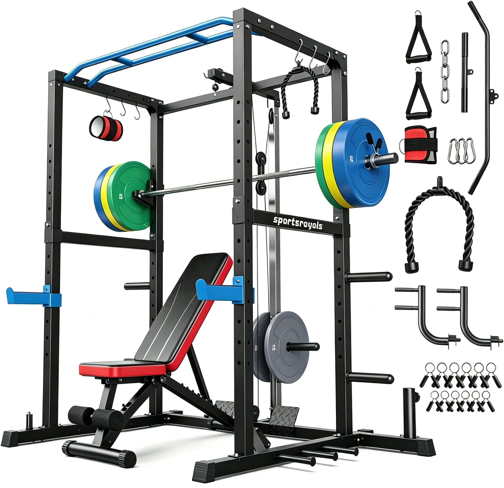 SPORTSROYALS Power Rack, Multi-Functional Power Cage, Squat Rack with Pulley System &amp; LAT Pull Down, Workout Cage with J Hooks for Home Gym