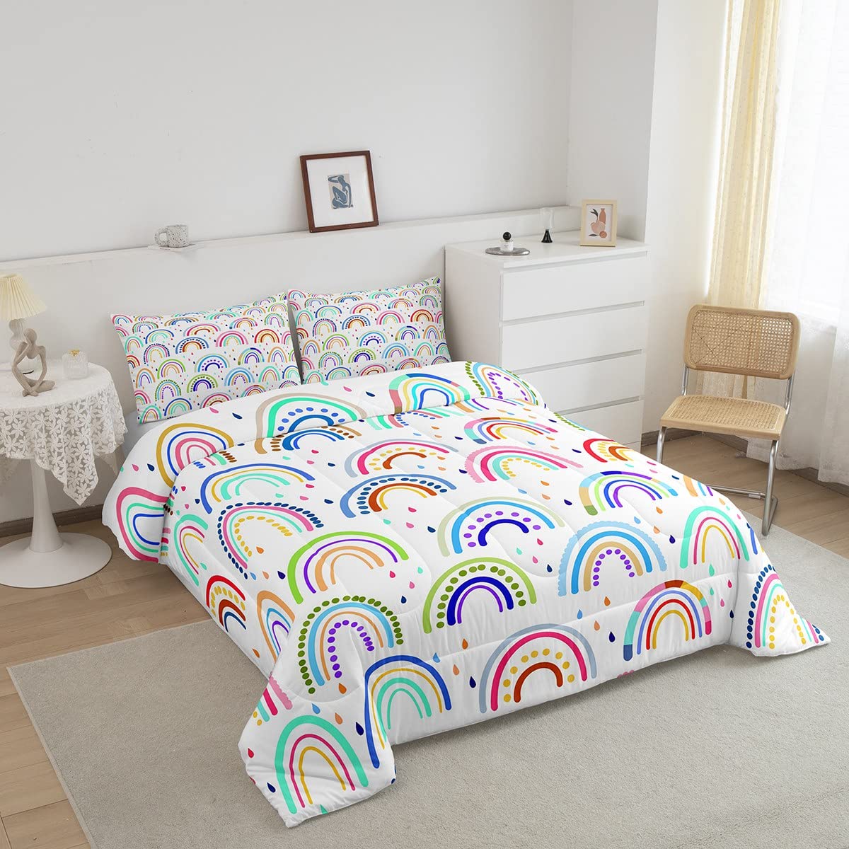 Feelyou Kids Cute Rainbow Comforter Set - Colorful Rainbow Stripes Bedding for Girls & Boys, Queen Size Duvet Set with Quilt & Pillowcases