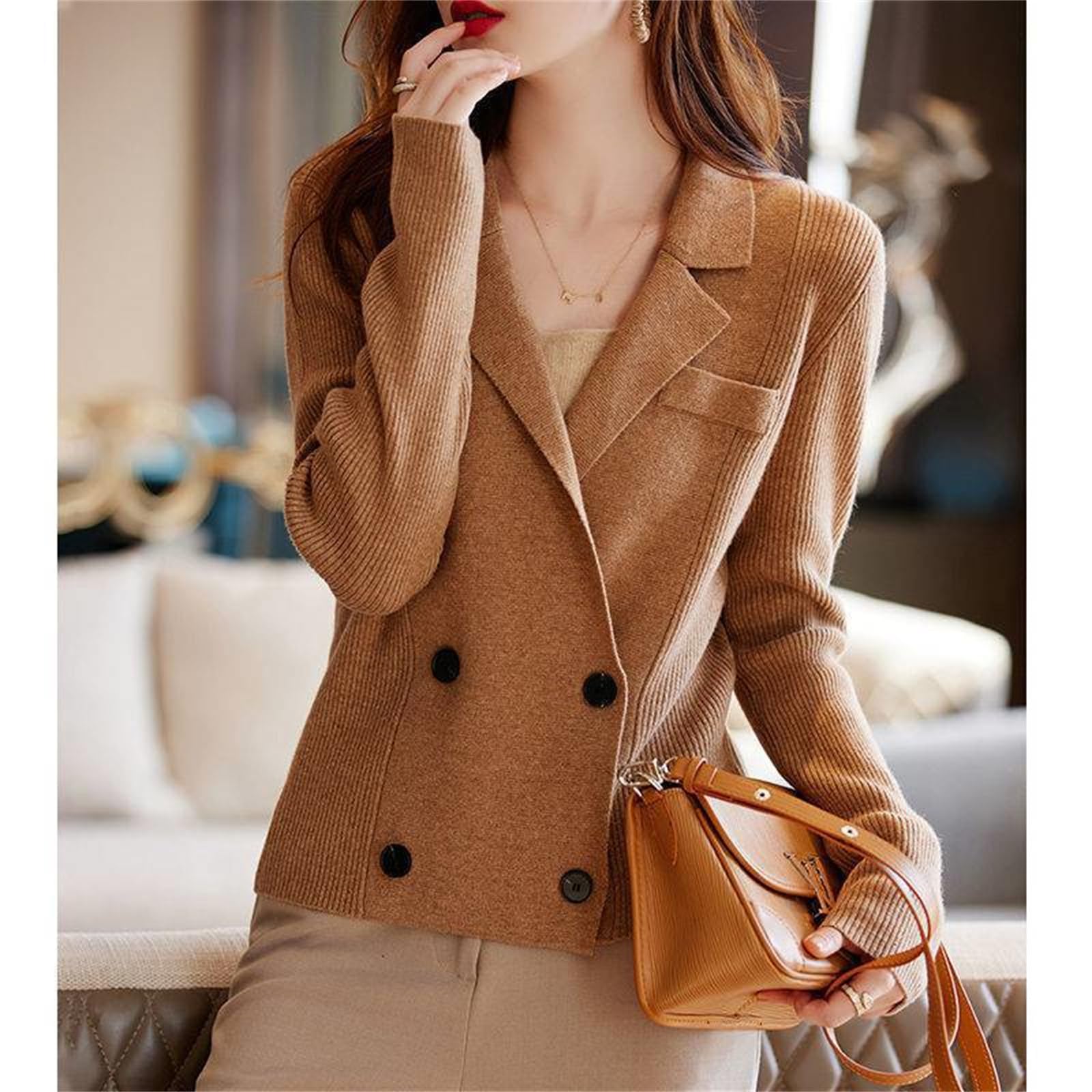 Blazer Mujer Punto Doble Botonadura Ajuste Slim Elegante Oficina