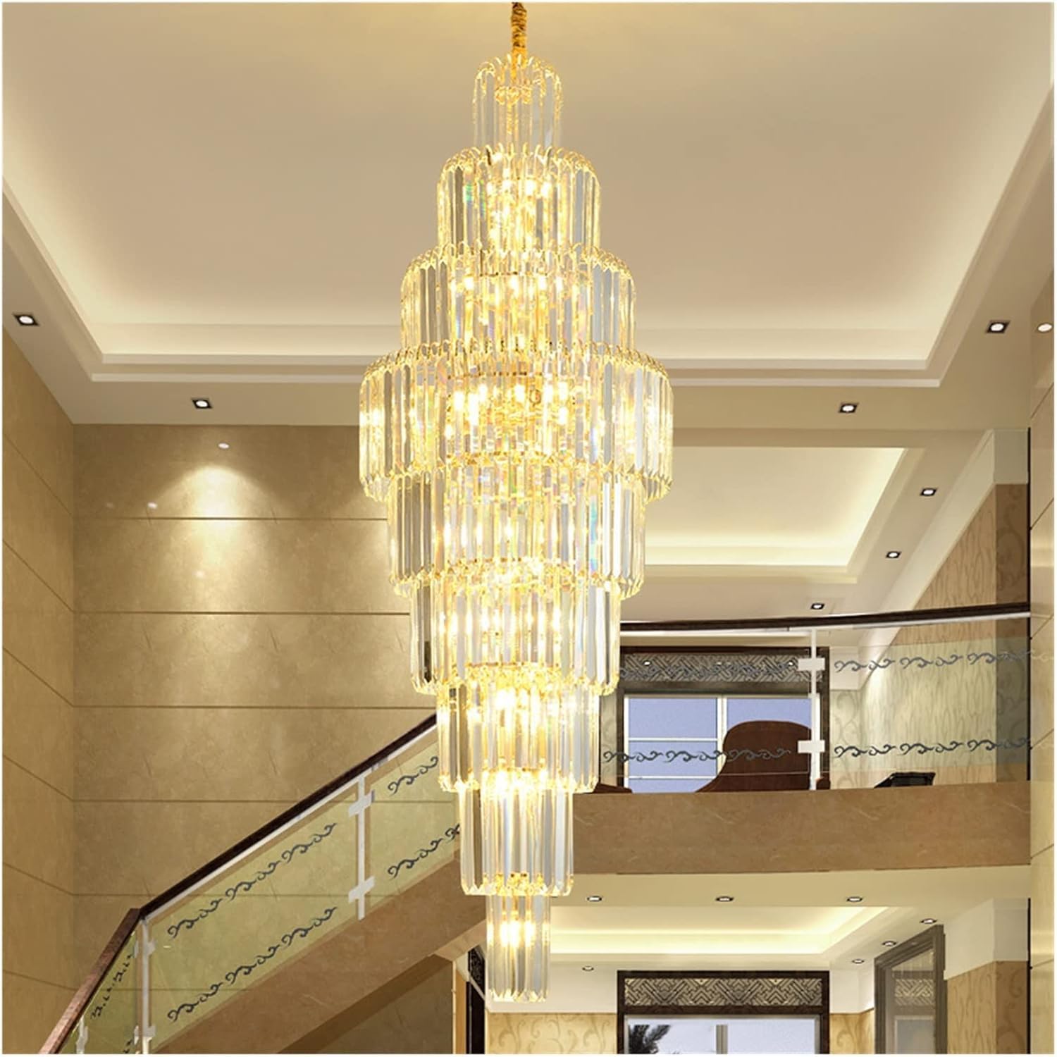 Crystal Chandeliers Modern Chandelier Lighting Compatible with Staircase Long Gold Crystal Light Fixtures Large Hallway Indoor Stair LED Cristal Lamp