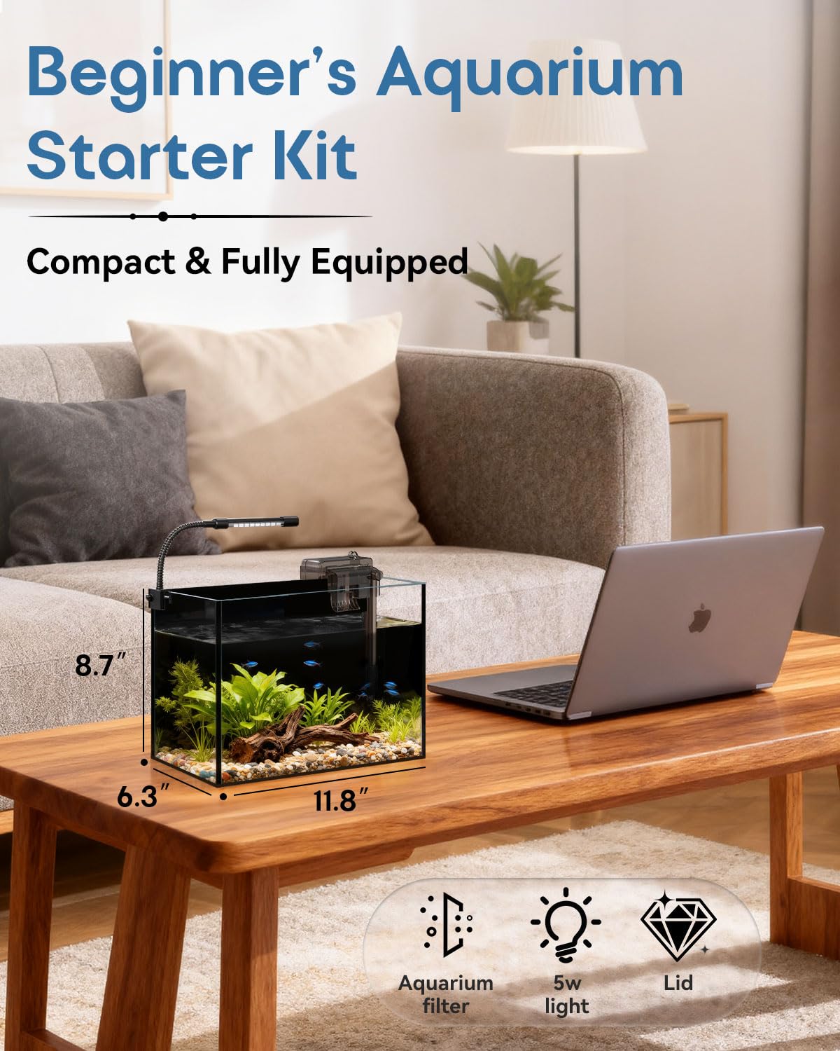 Betta Fish Tank in vetro da 3 galloni, starter kit con filtro, luci, coperchio