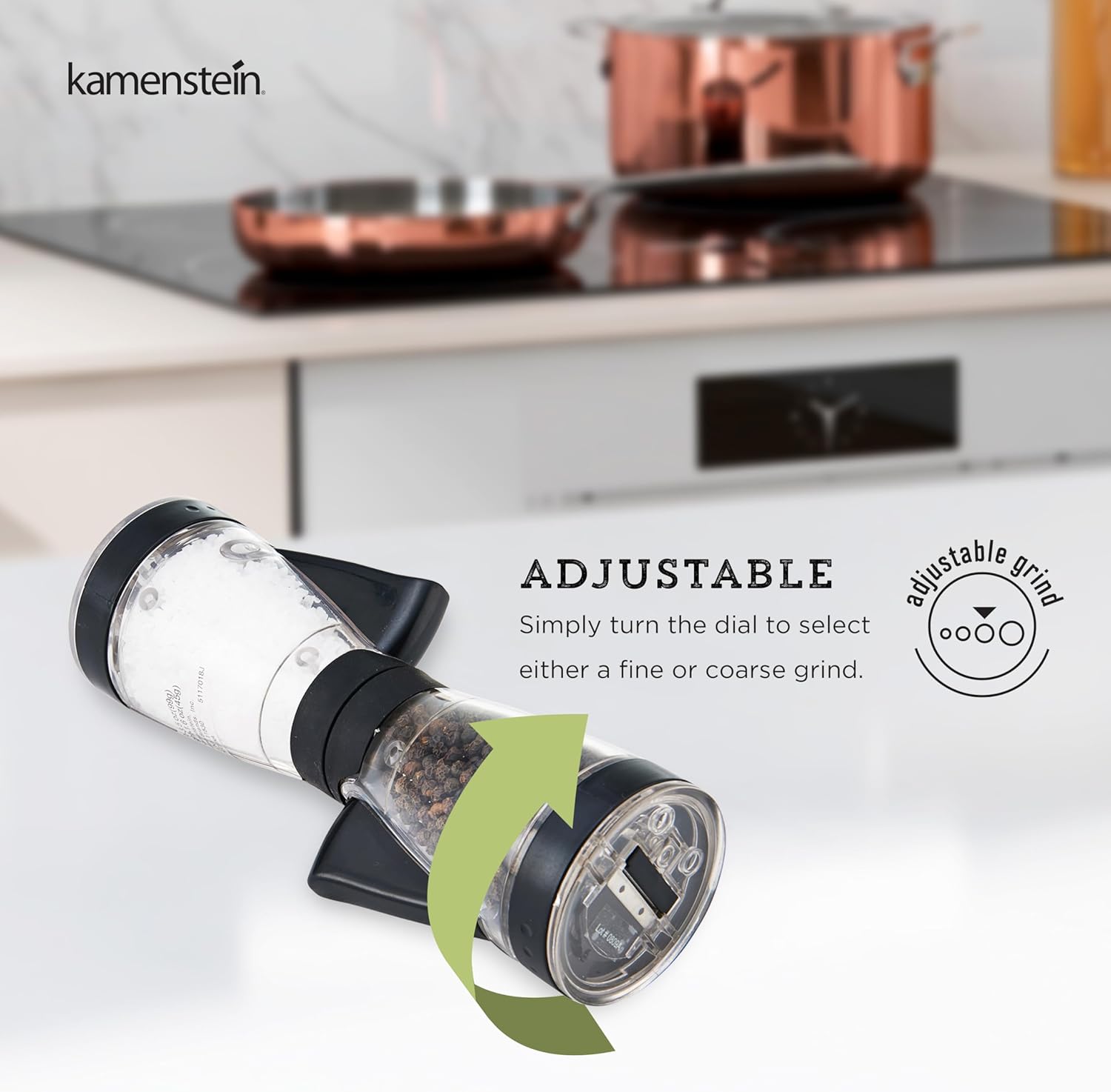 Kamenstein 5117018 One-Handed 2-in-a-1 Dual Salt and Pepper Grinder - Adjustable and Refillable, 8-Inch