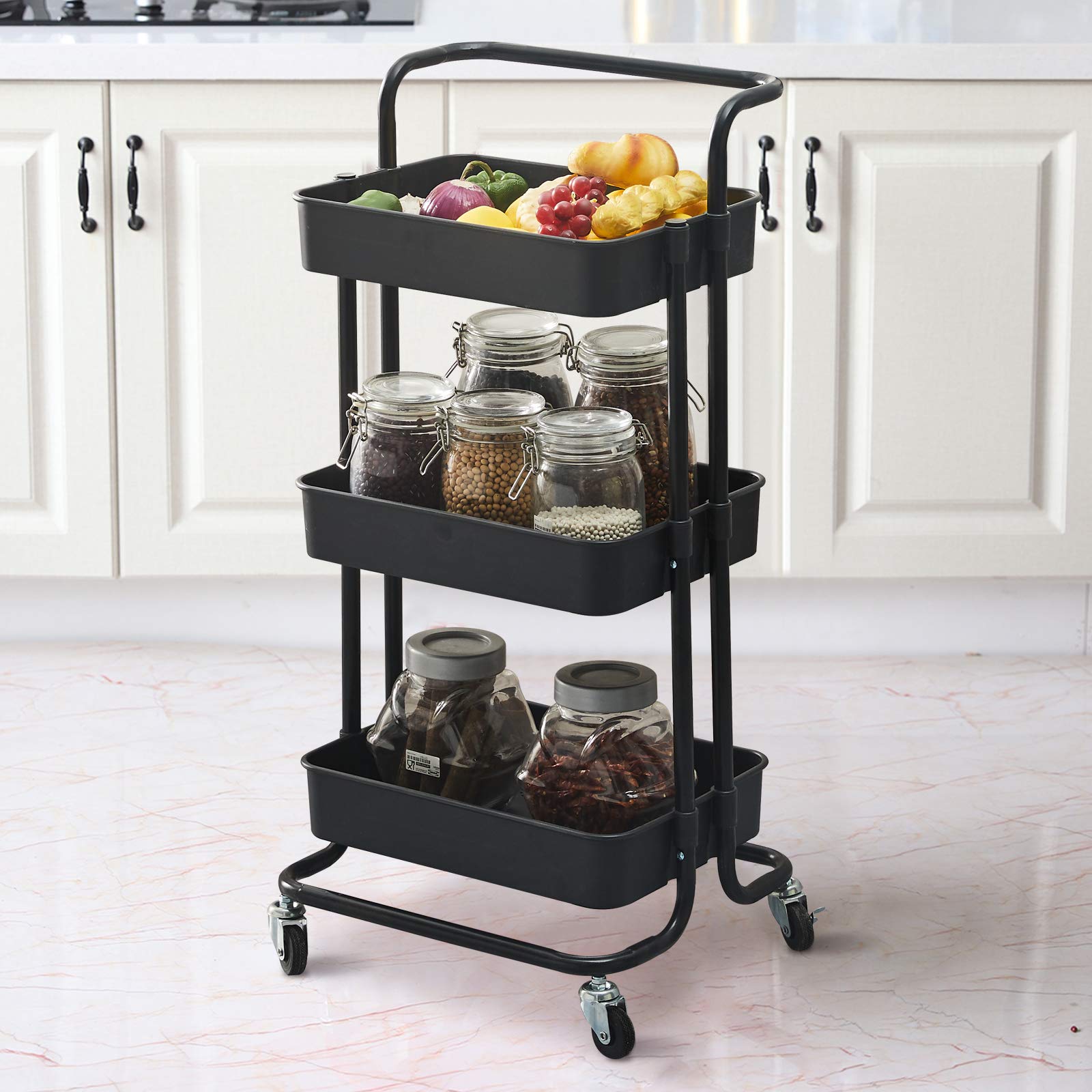 3-Tier Rolling Storage Cart with Ergonomic Handle, Slide Out Mesh Utility Cart with Lockable Wheels, Multifunctional Metal Organizer Storage Trolley Cart for Kitchen Living Room Office (Black)