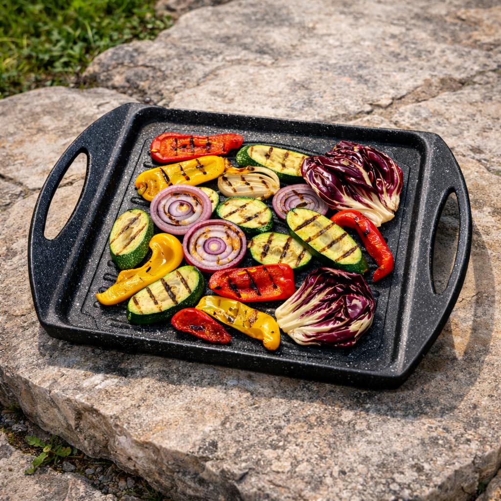 Bistecchiera Grill Plancha, Olympia – Piastra Grill in Alluminio Pressofuso Antiaderente 5 Strati, Manico Salvaspazio, Senza PFOA e Nickel, Prodotta in Italia (34 * 26cm)