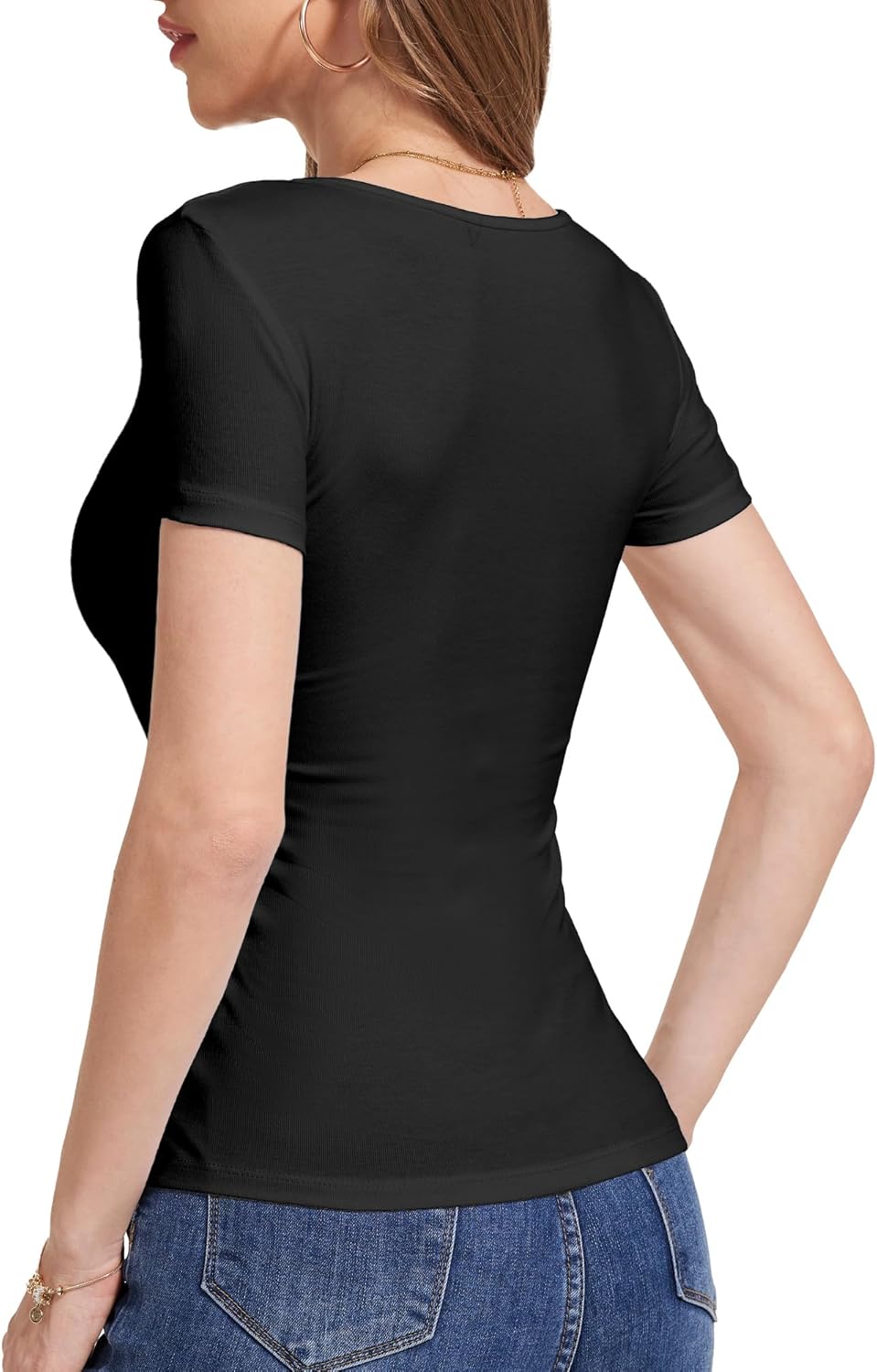 Womens Short Sleeve Square Neck Tops Slim fit T Shirts Sexy Cute Dressy Casual Summer Top Basic Tee Tshirt Blouse - Image 3