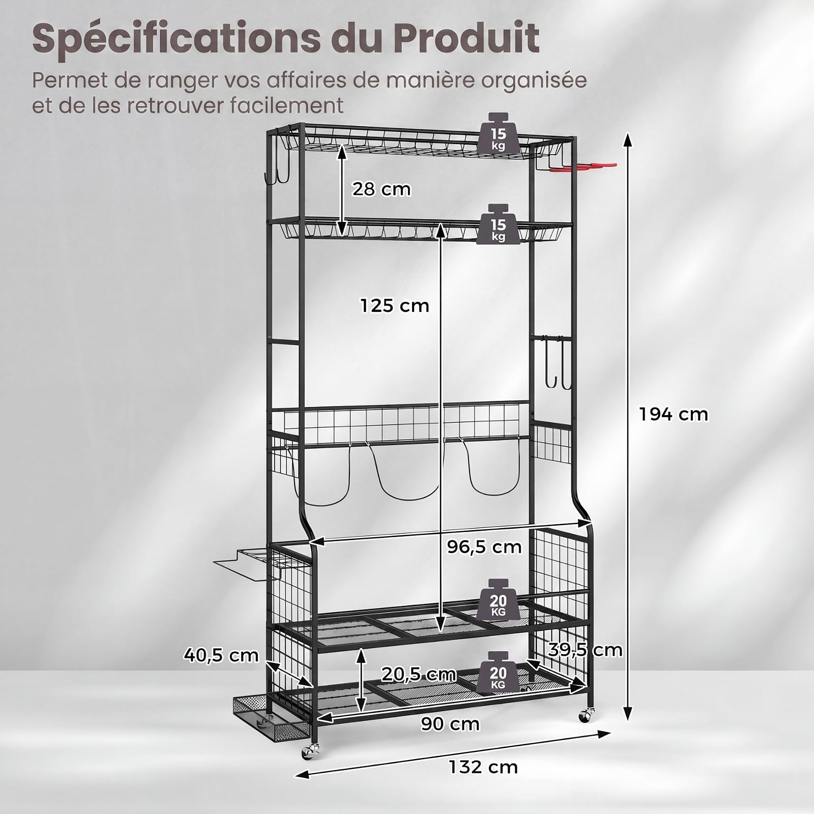 GYMAX Rangement d'Équipement Sportif à roulettes Amovibles 132 x 40,5 x 194 cm, Organiseur pour Ballons, Raquettes, Clubs, Sacs de Golf, Tapis de Yoga, Chaussures, Vêtement, Casque