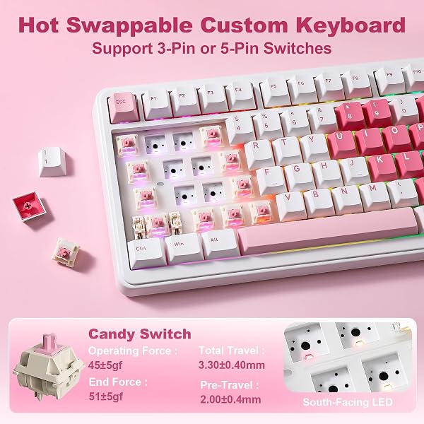 YUNZII B75 Pro MAX Teclado Mecánico Inalámbrico, Diseño 75% con Pantalla TFT y Control Giratorio, Hot Swap, QMK/Via, RGB, BT/USB-C/2,4G para Win/Mac (Corazón Blanco, Candy Switch) - 5