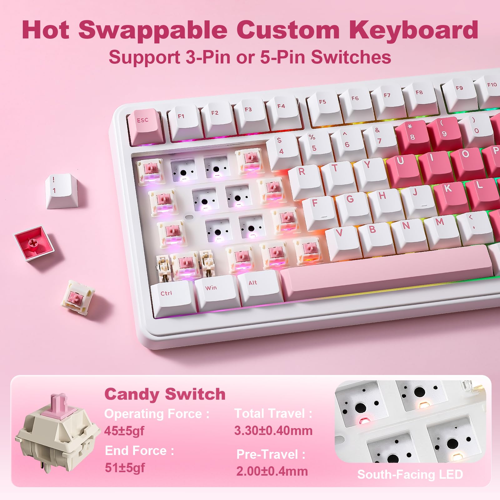 YUNZII B75 Pro Max QMK/Via Clavier Mecanique sans Fil, 75% Disposition avec Écran TFT et Molette, Gasket Hot Swap Switch Pré-lubrifiés, RGB, BT/Filaire/2,4G pour Win/Mac(Blanc Cœur, Candy Switch)
