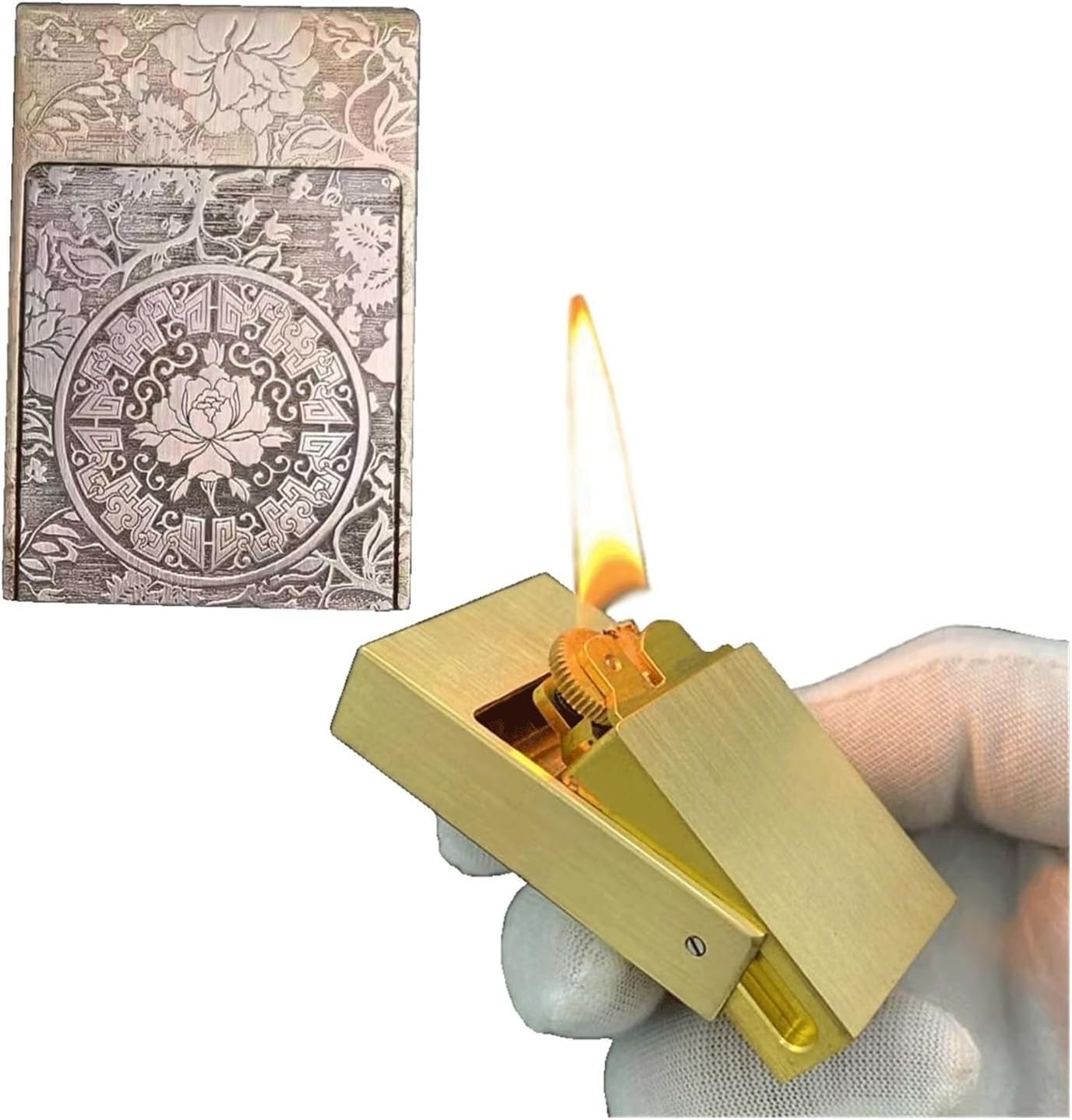 Vintage Brass Matchbox Lighter, Hand-Embossed, flip-top Windproof Kerosene lighters, Suitable for Men, Fathers and Husbands, Adults only.(Metallic3)